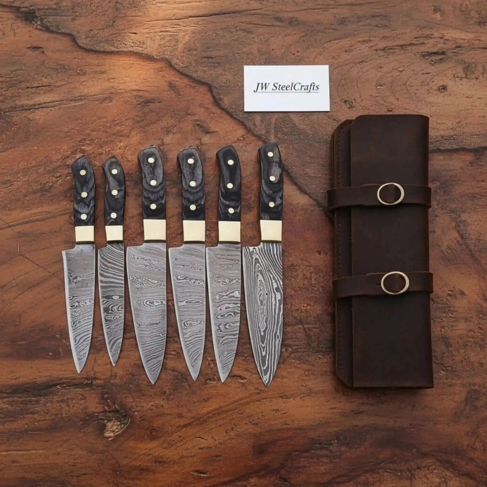 5-Piece Damascus Kitchen Knife Set Black Pakka Wood — Forged Damascus Blades