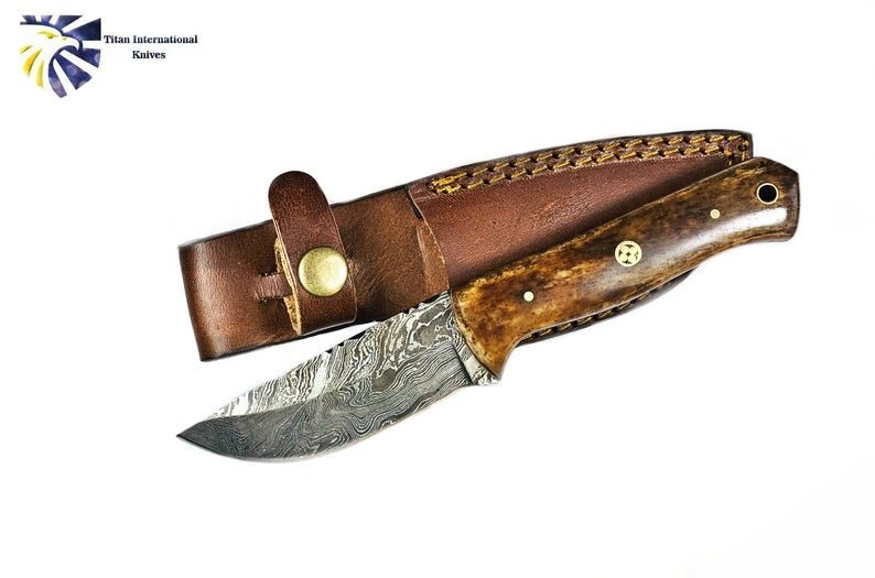 Damascus Knife, Custom Hand Made Forged Damascus Steel Hunting Knife Fixed Blade Camp Style Handle With Leather Sheath Full Tang TD-238 - Overture Gifts