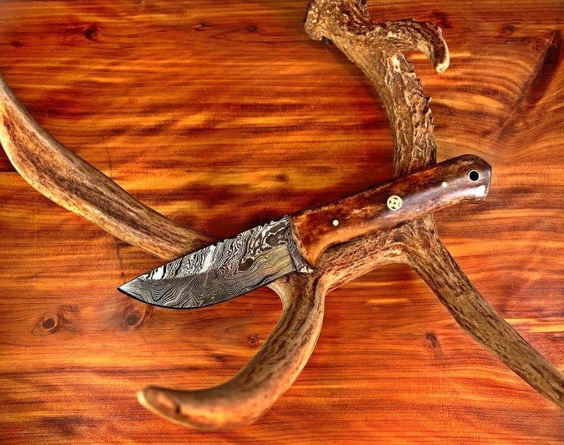 Damascus Knife, Custom Hand Made Forged Damascus Steel Hunting Knife Fixed Blade Camp Style Handle With Leather Sheath Full Tang TD-238 - Overture Gifts