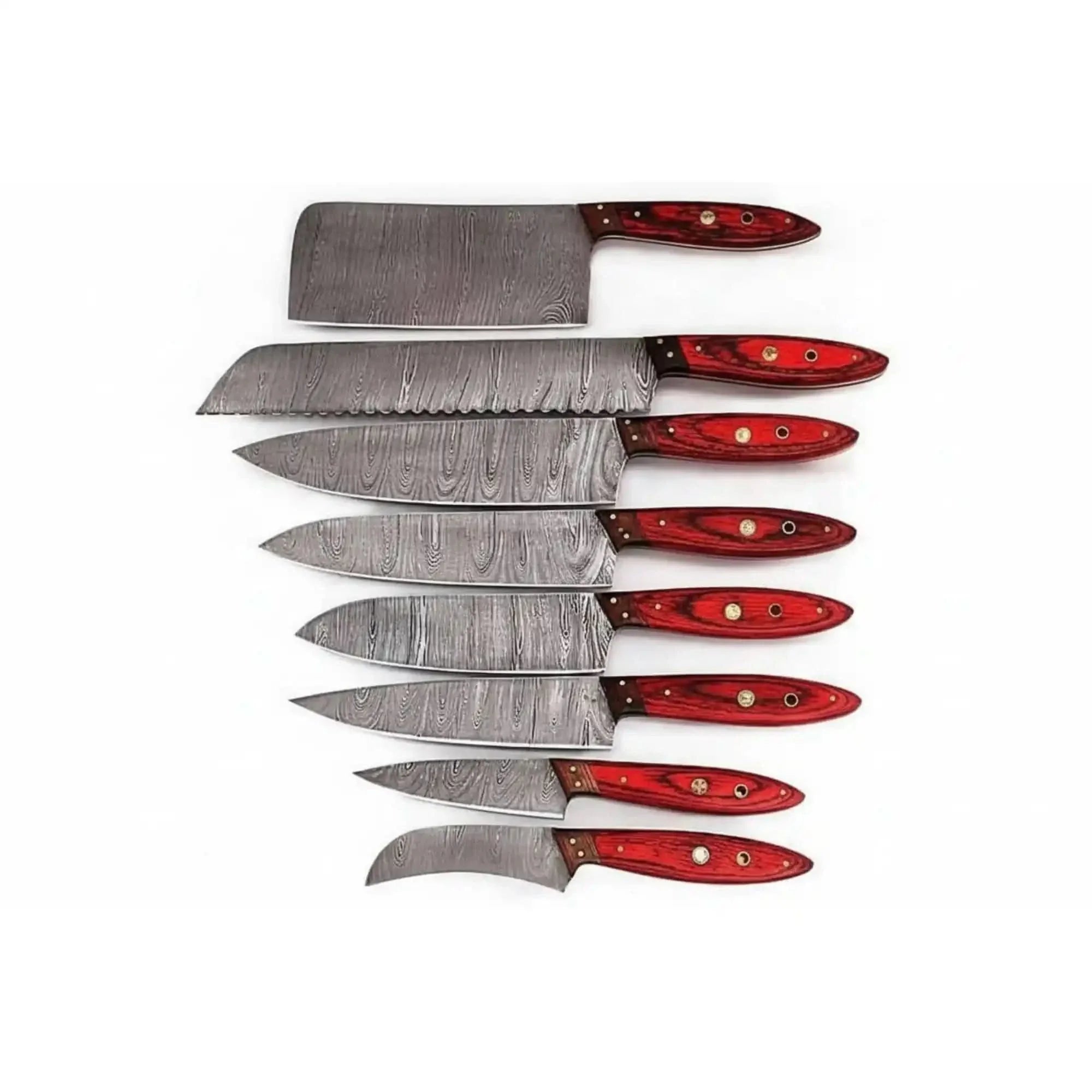 The Grand Atelier — 8-Piece Handcrafted Damascus Kitchen Knife Set | Red Pakka Wood | JW SteelCrafts