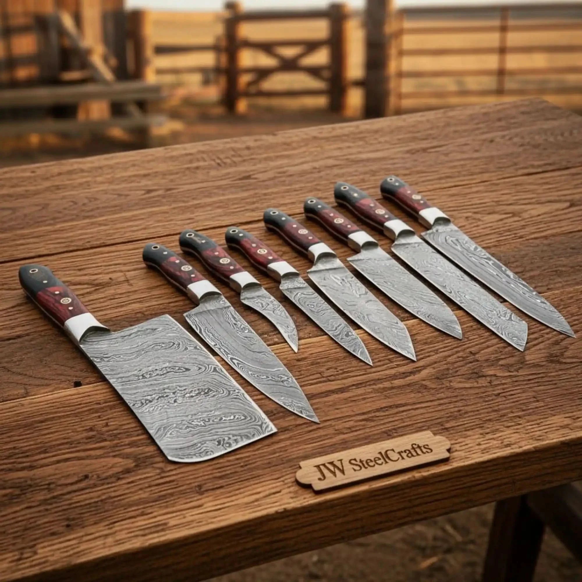 Handmade Damascus Western Chef Knife Set with Cleaver 8-Piece Damascus Blades