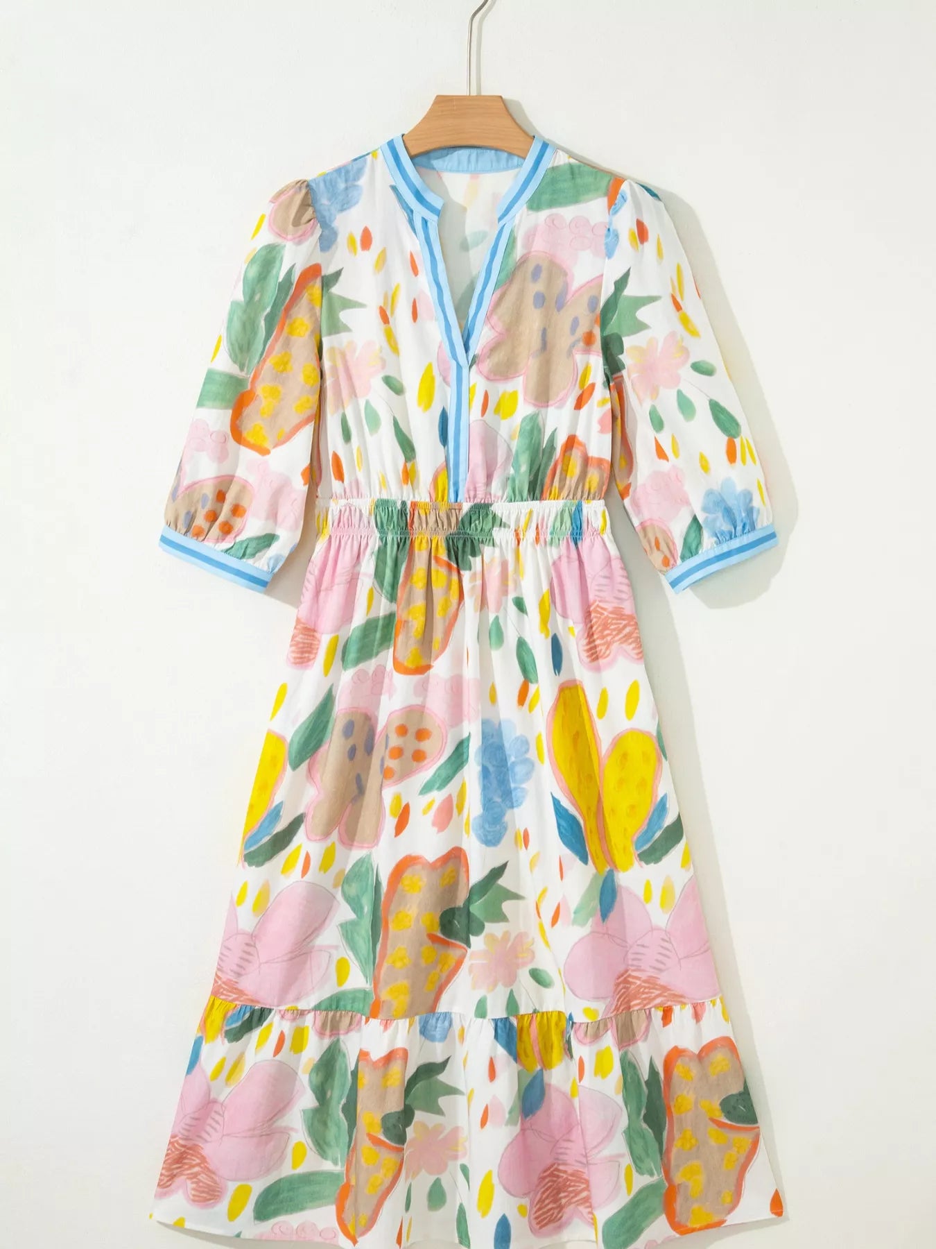 Multicolour Floral Doodle Print Striped Trim V Neck Midi Dress