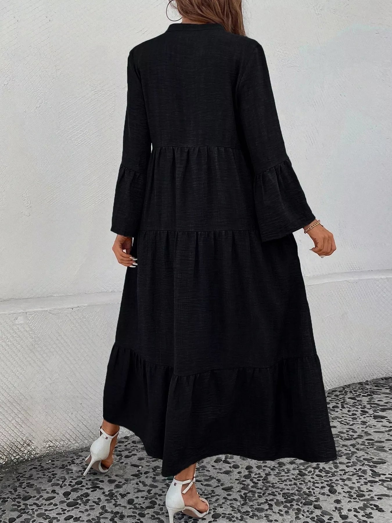 Ruffle Hem Button Front Tiered Dress