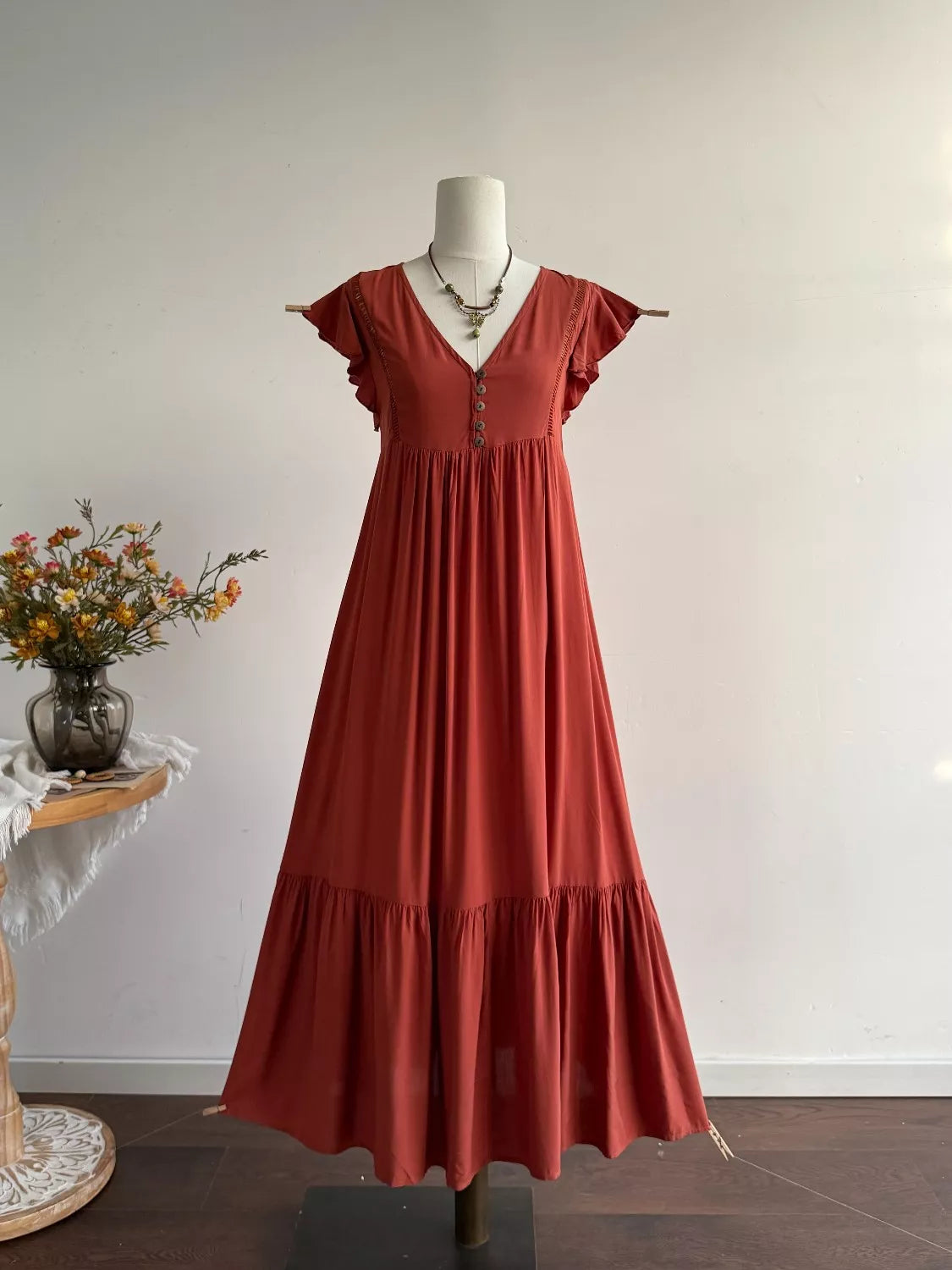 Ruffle Sleeve Maxi Dress with Button Detail