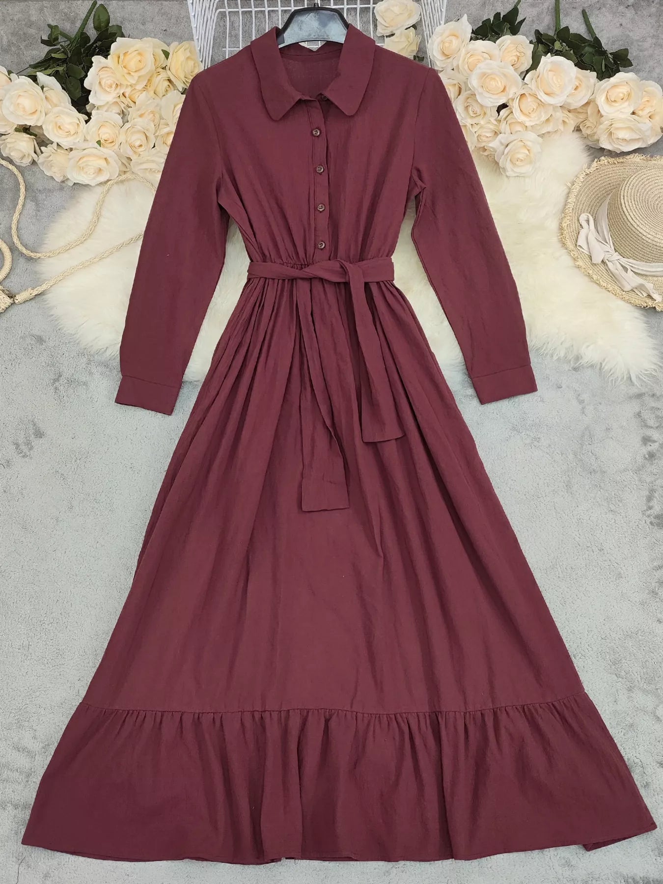 Tie Waist Long Sleeve Ruffled Hem Dress