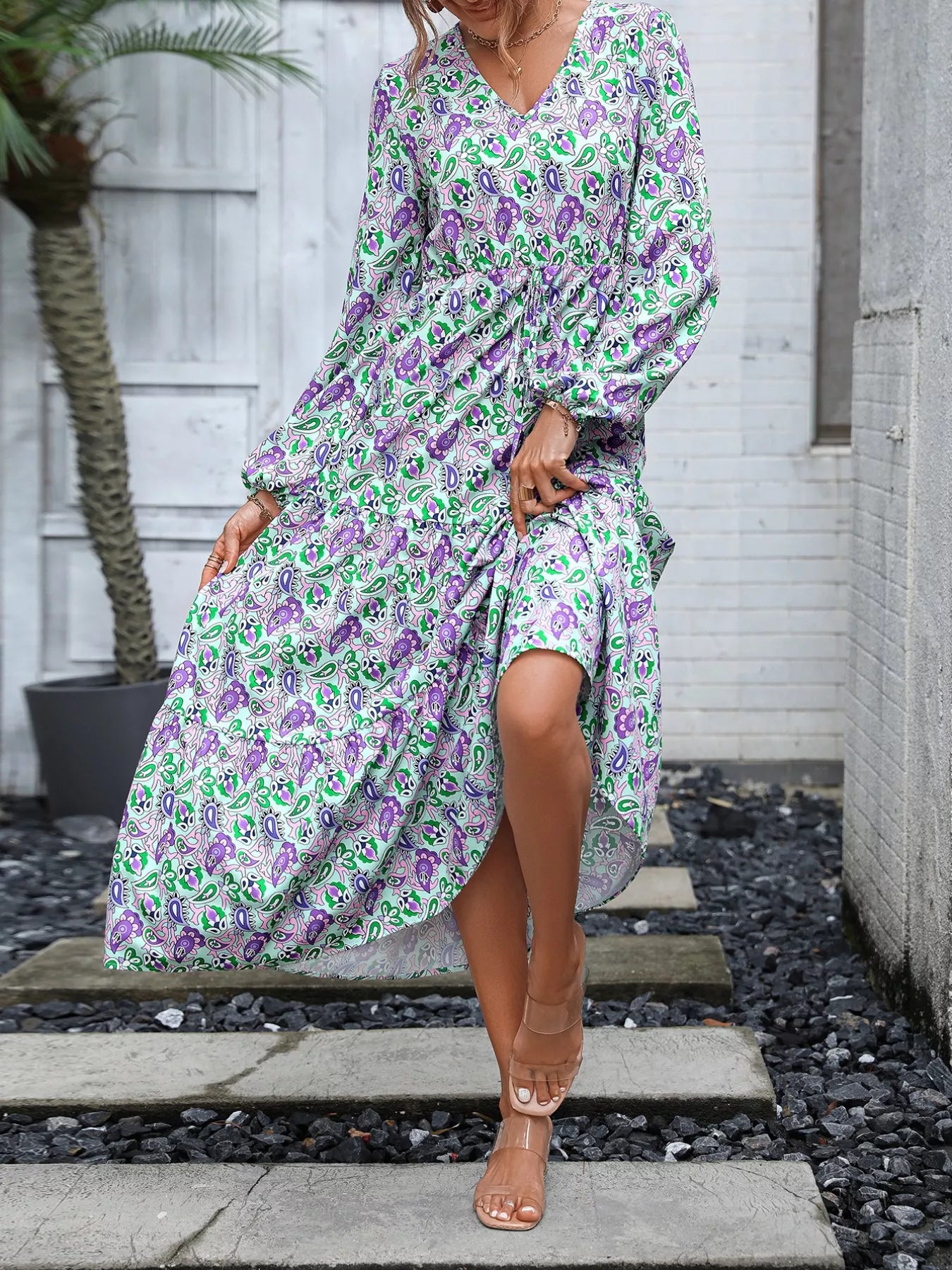 Printed V-Neck Long Sleeve Dress