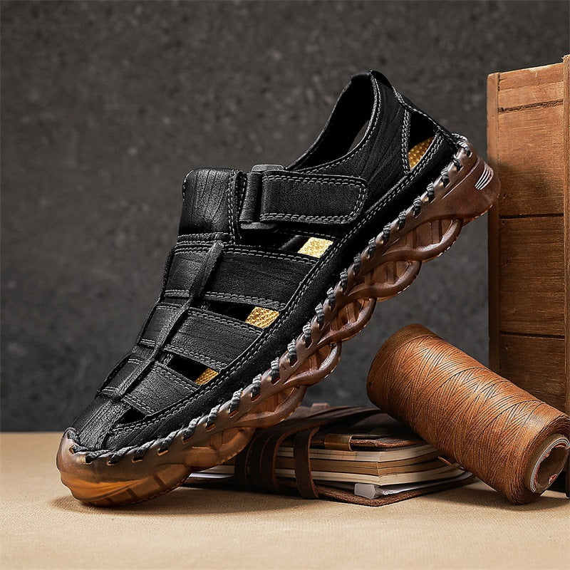 Mens Beach Sandals Outdoor Casual Leather Closed-Toe Wear-Resistant Breathable Shoes For Men