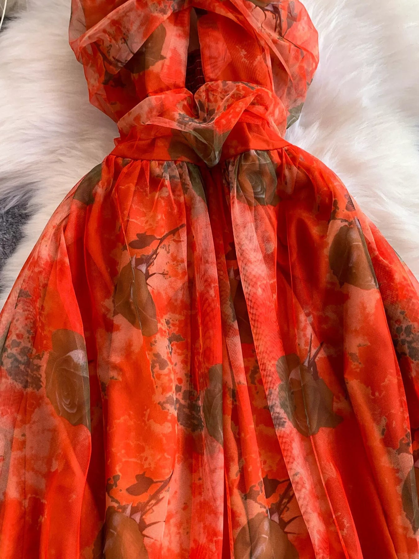 Floral Print Ruffled Layered Mesh Dress