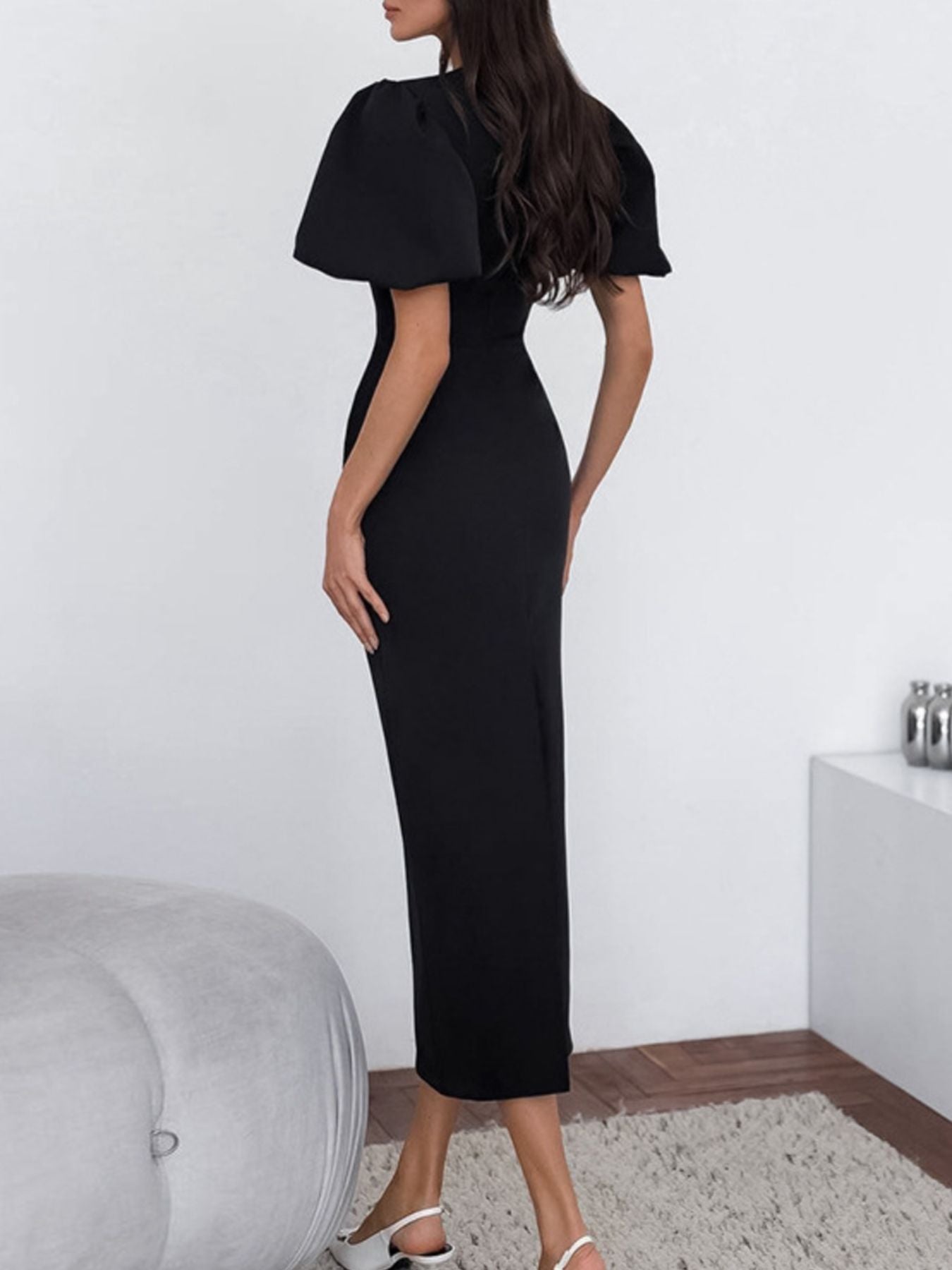 Cutout Front Puff Sleeve Dress