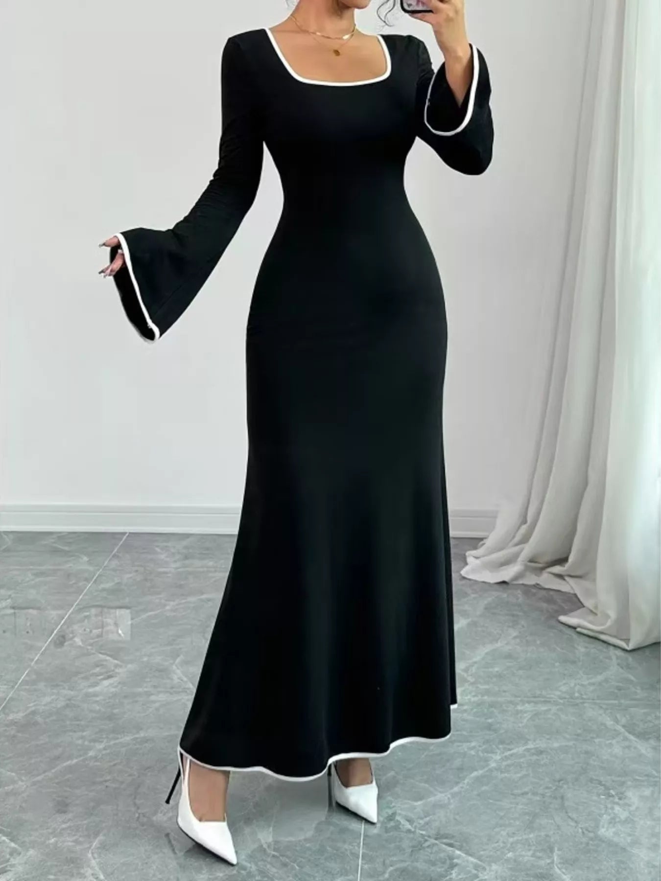 Square Neck Flare Sleeve Maxi Dress