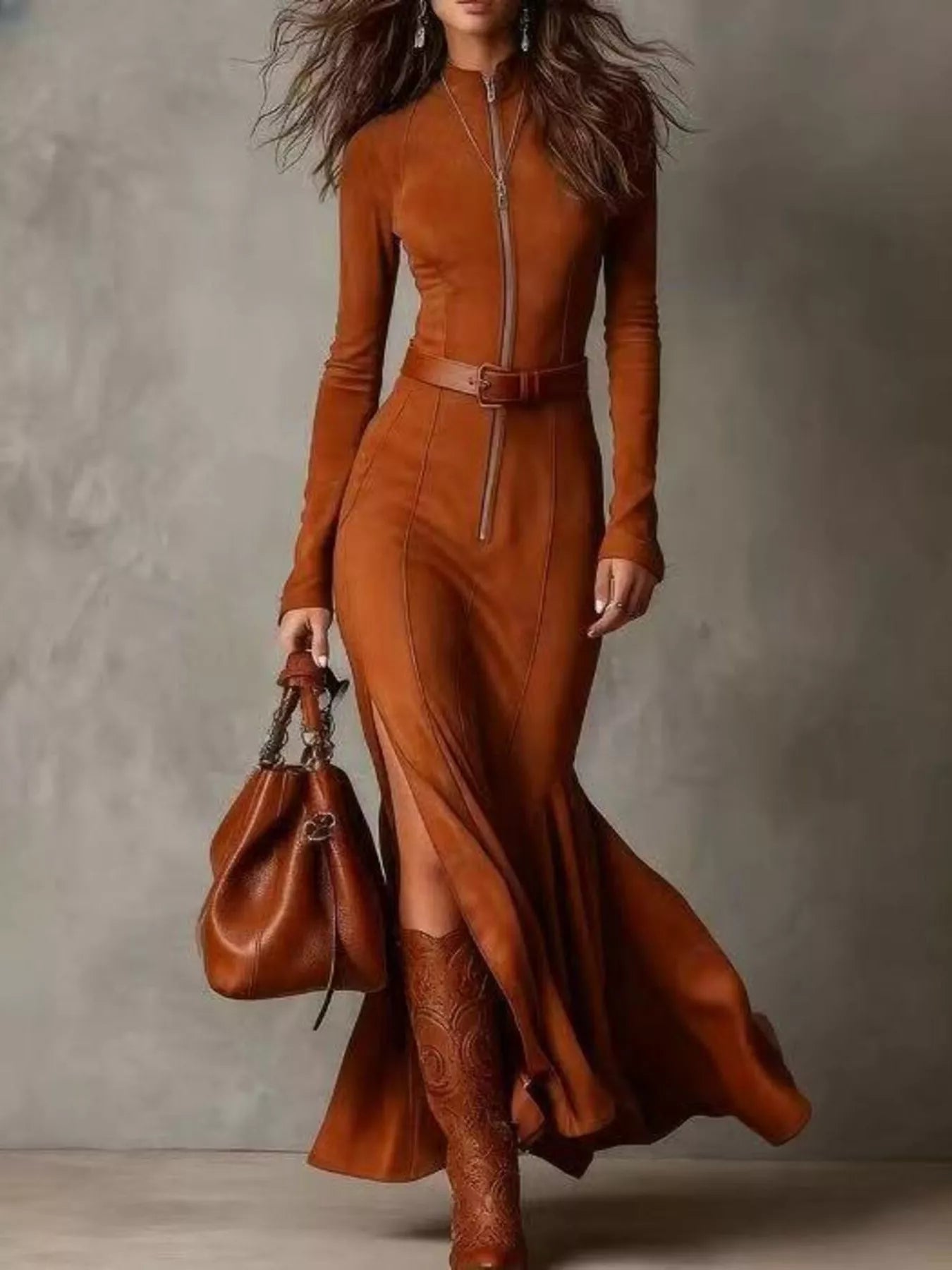 Full Size Zipper Front Long Sleeve Slit Maxi Dress Plus Size