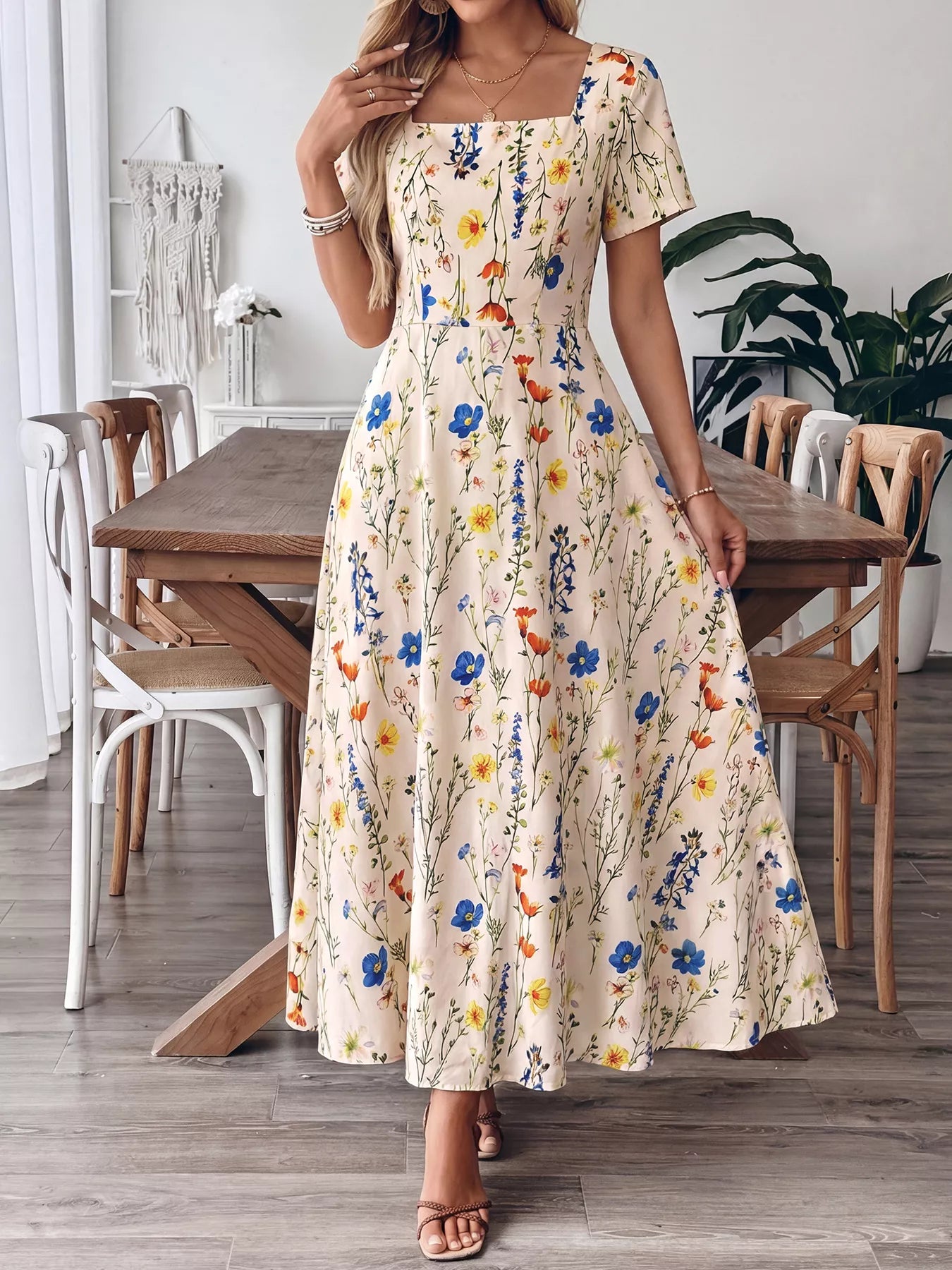 Floral Print Square Neck Casual Maxi Dress