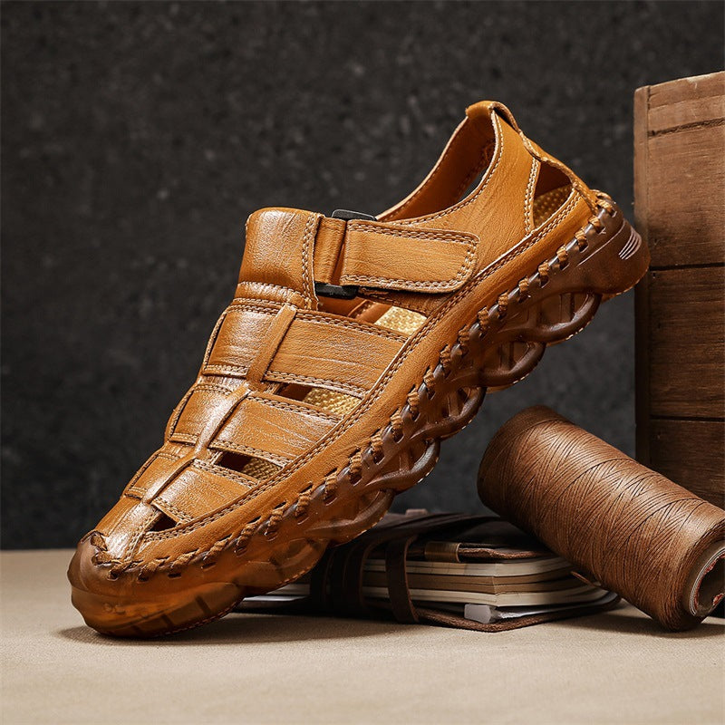 Mens Beach Sandals Outdoor Casual Leather Closed-Toe Wear-Resistant Breathable Shoes For Men