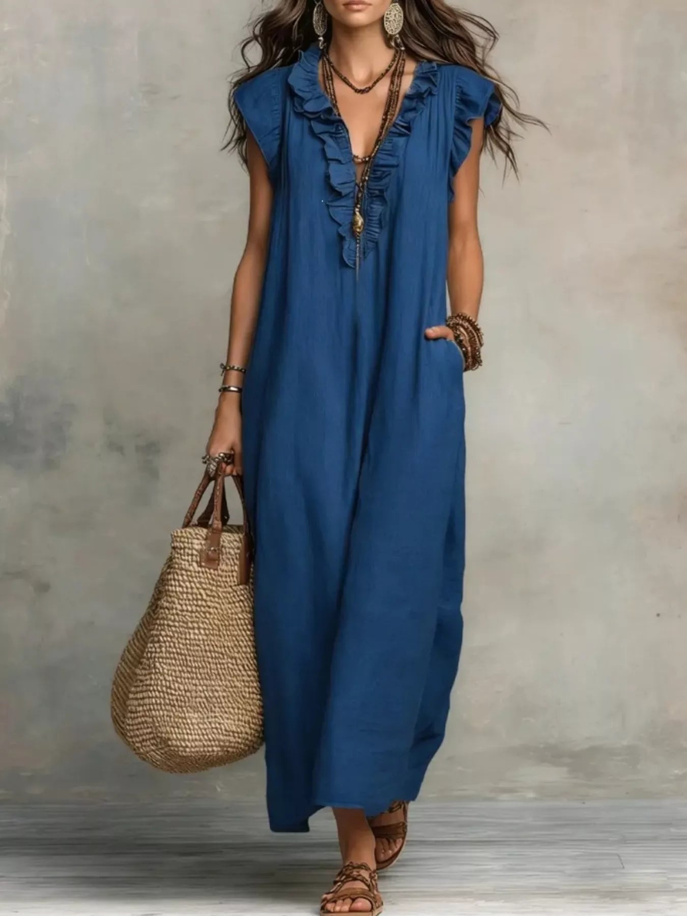 Ruffled V-Neck Maxi Dress