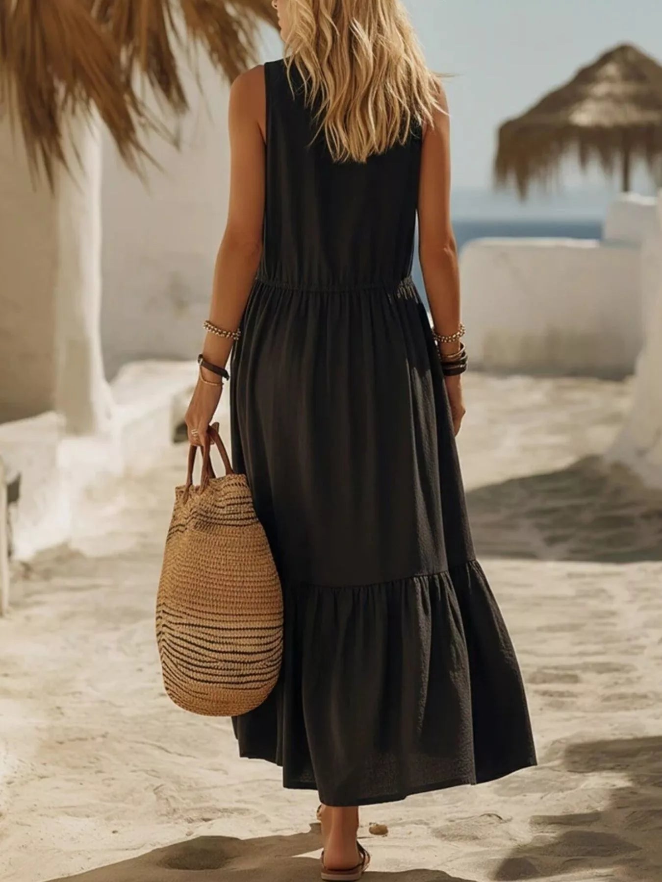 Full Size Sleeveless Zipper Front Pocket Ruffle Hem Maxi Dress Plus Size