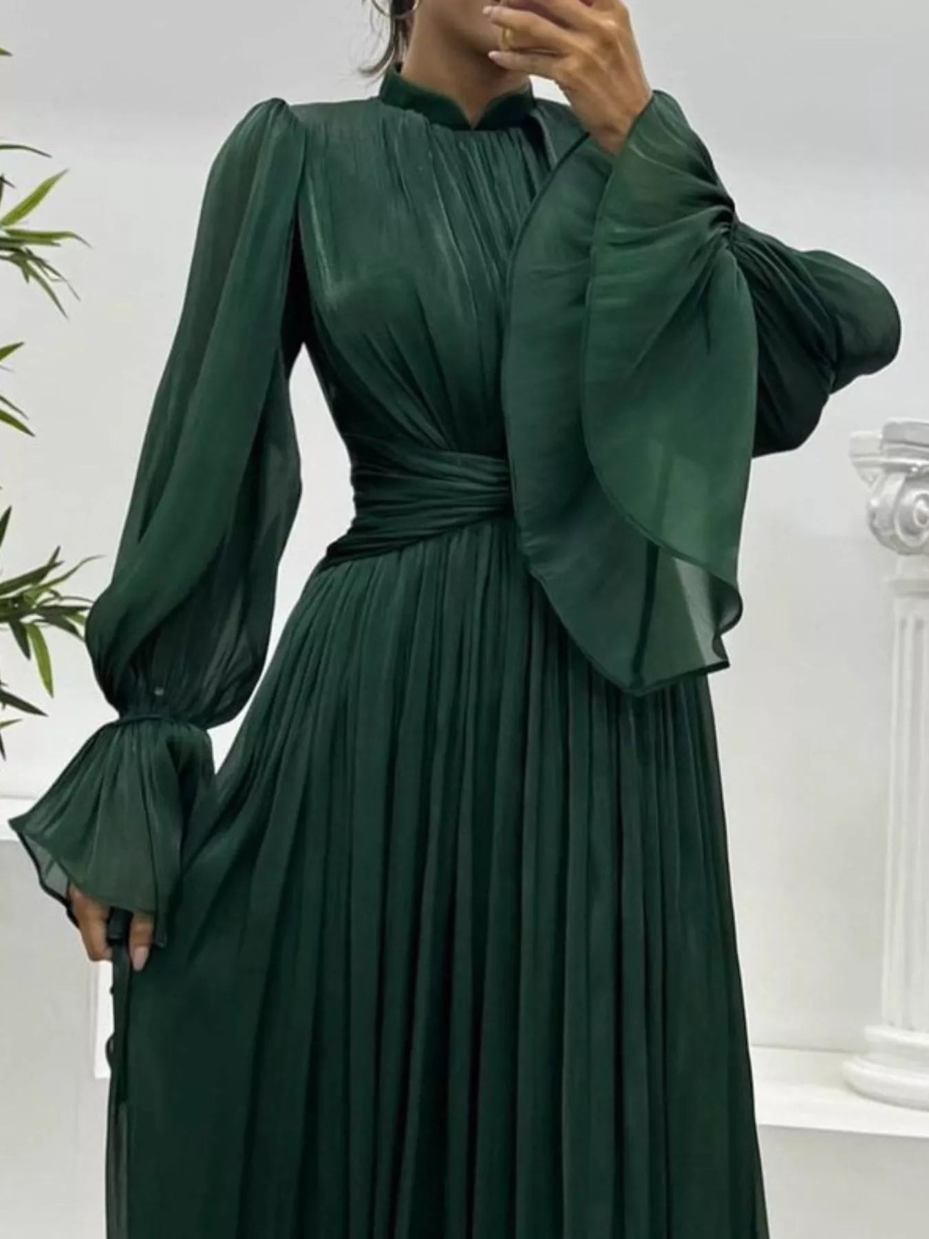 Pleated Mock Neck Long Sleeve Maxi Dress