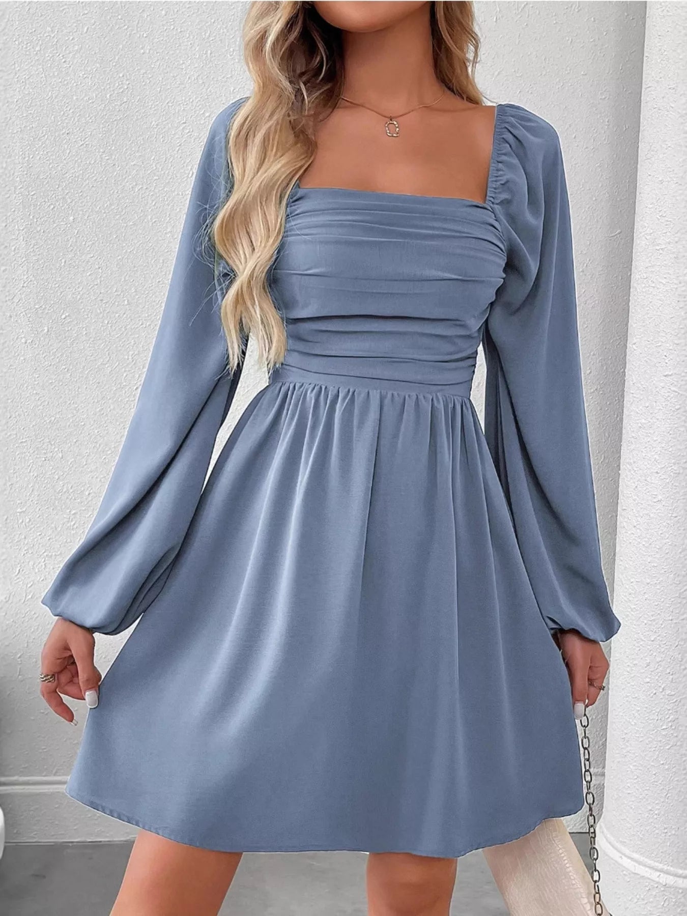 Ruched Square Neck Long Sleeve A-Line Dress