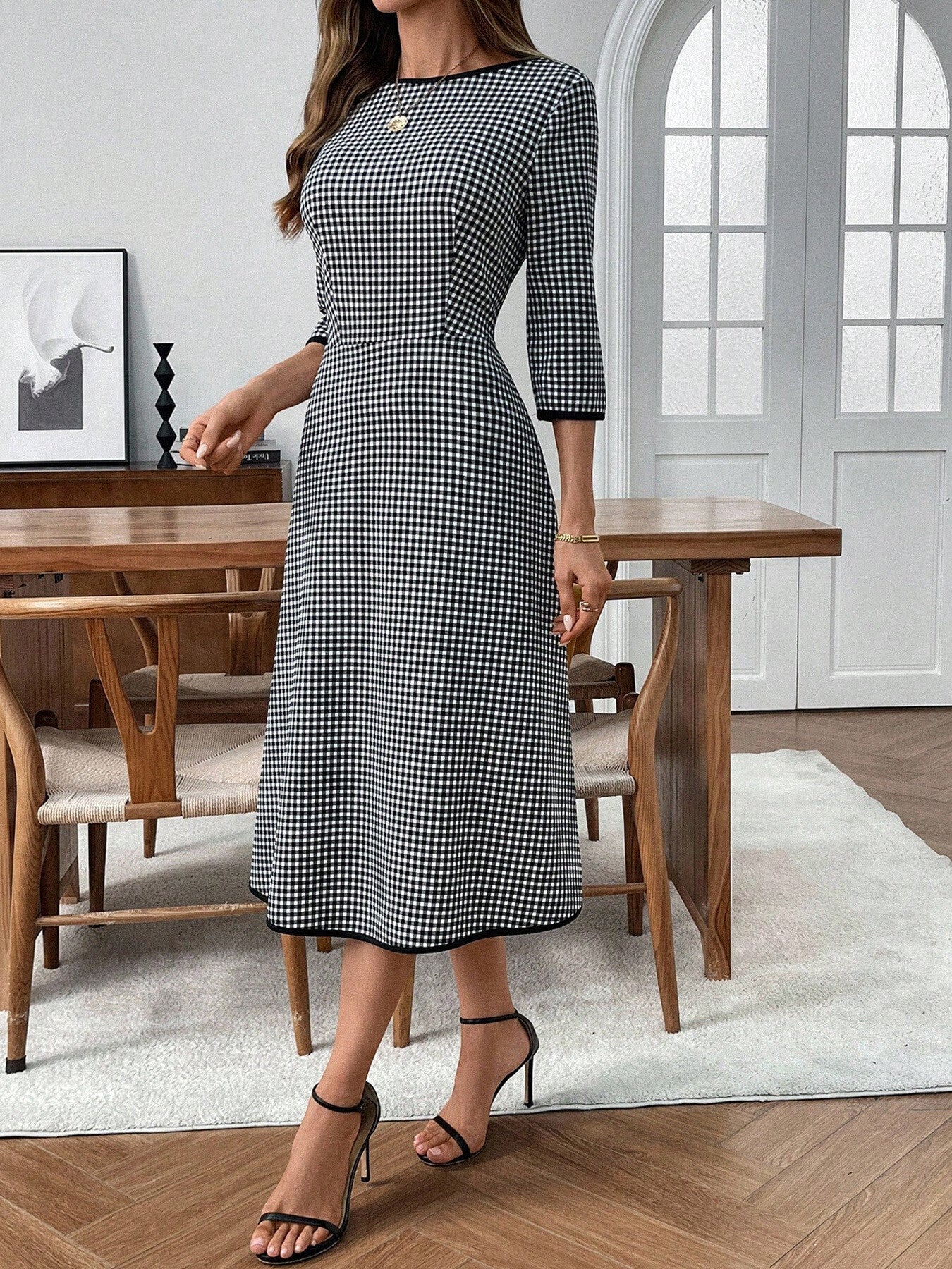 Plaid Round Neck 3/4 Sleeve Dress