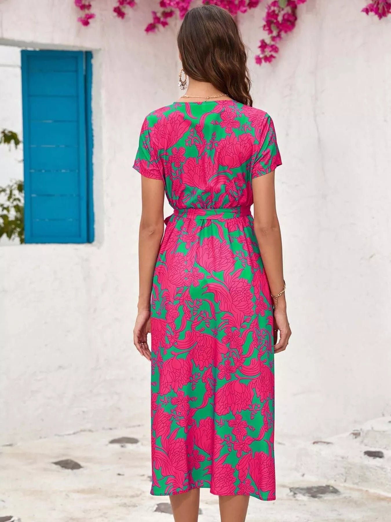 Surplice Short Sleeve Midi Dress