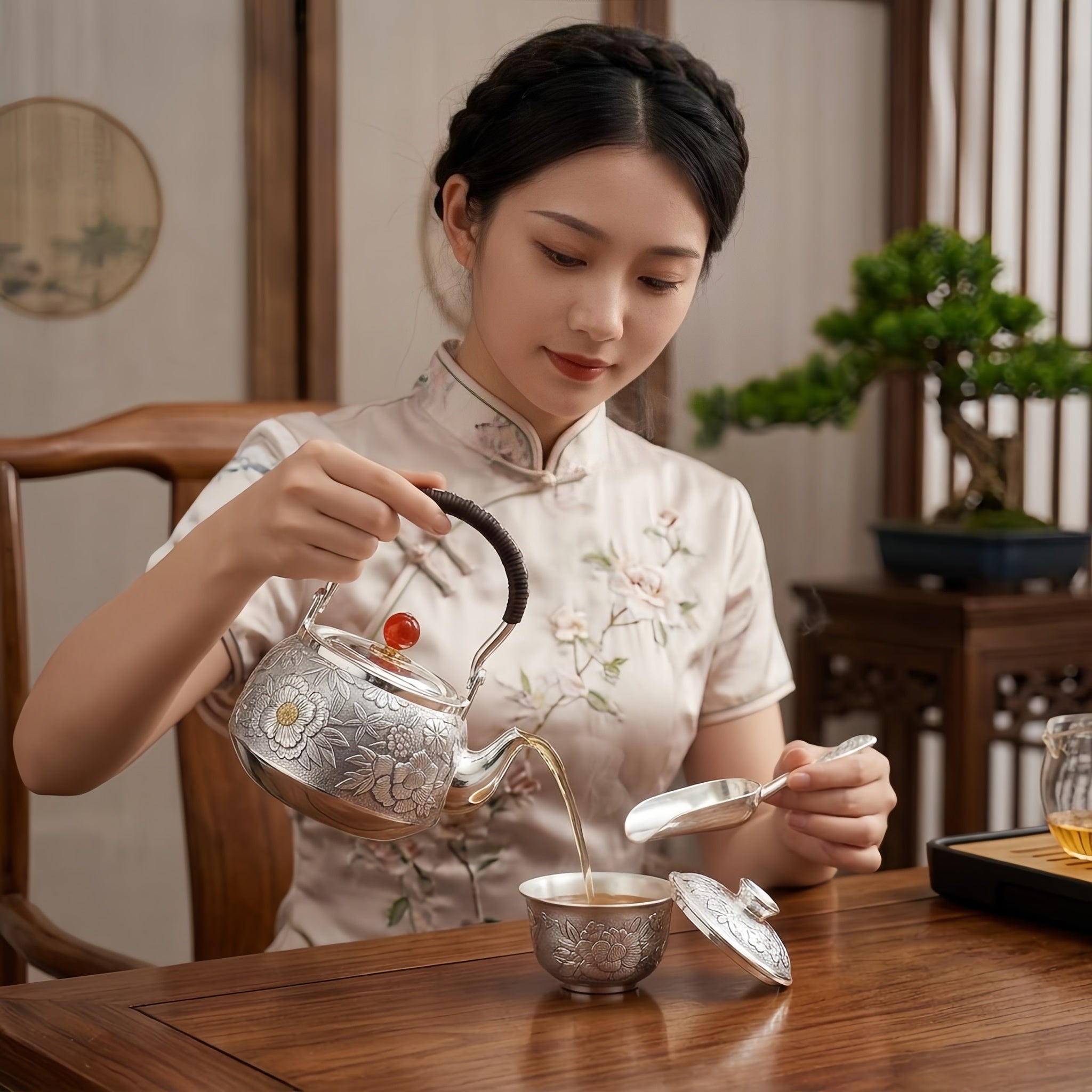 925 Sterling Silver Handcrafted Silver Floral Teapot with Red Agate Knob and Woven Handle - Handicraft