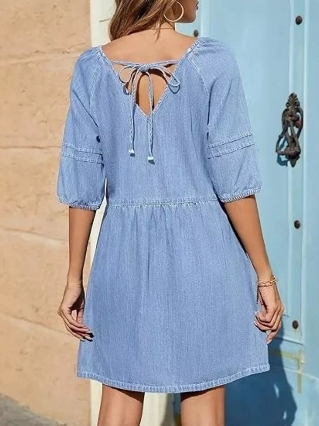 Casual V-Neck Puff Sleeve Denim Mini Dress
