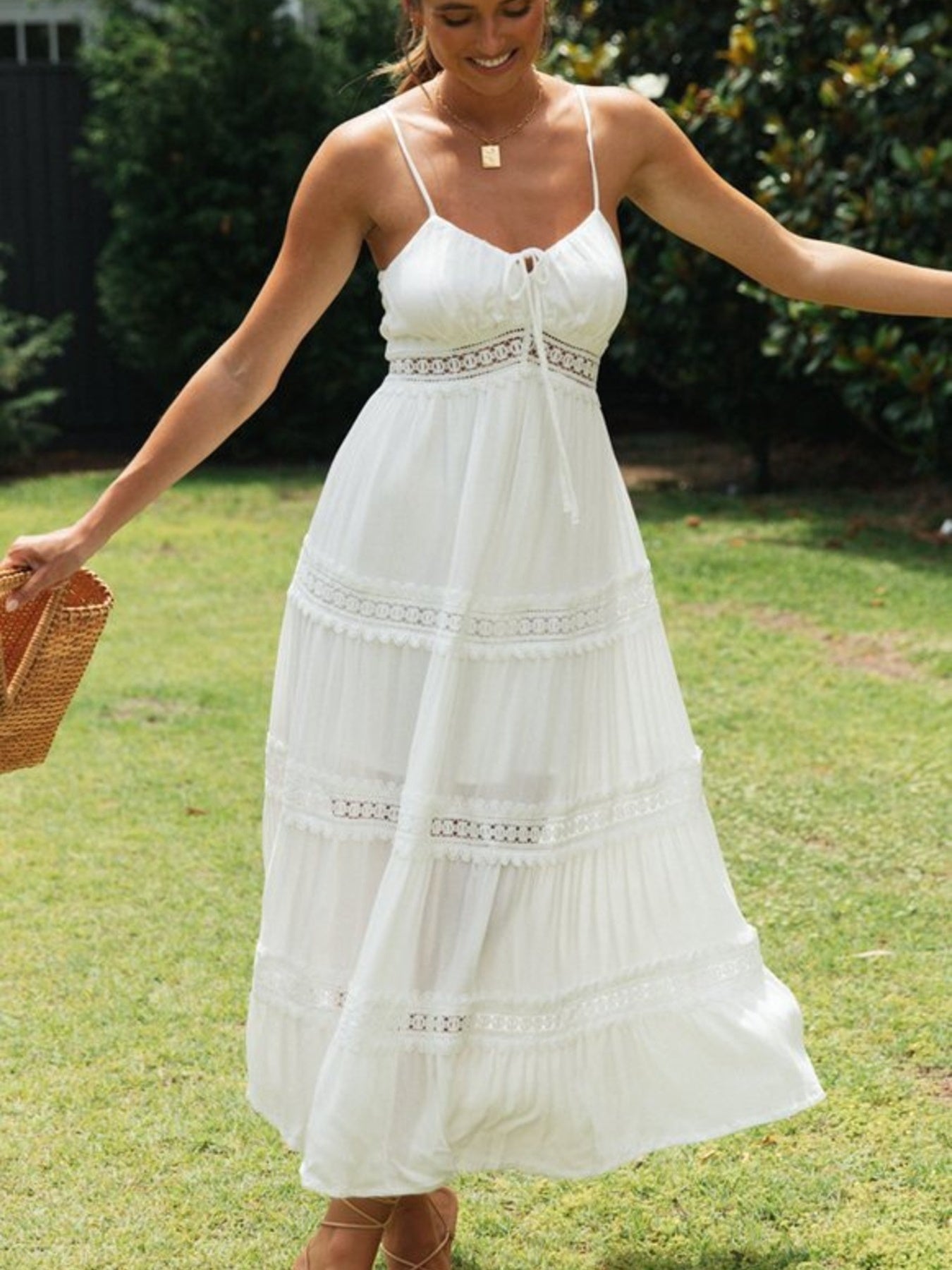 Lace Trimmed Tiered Midi Cami Dress