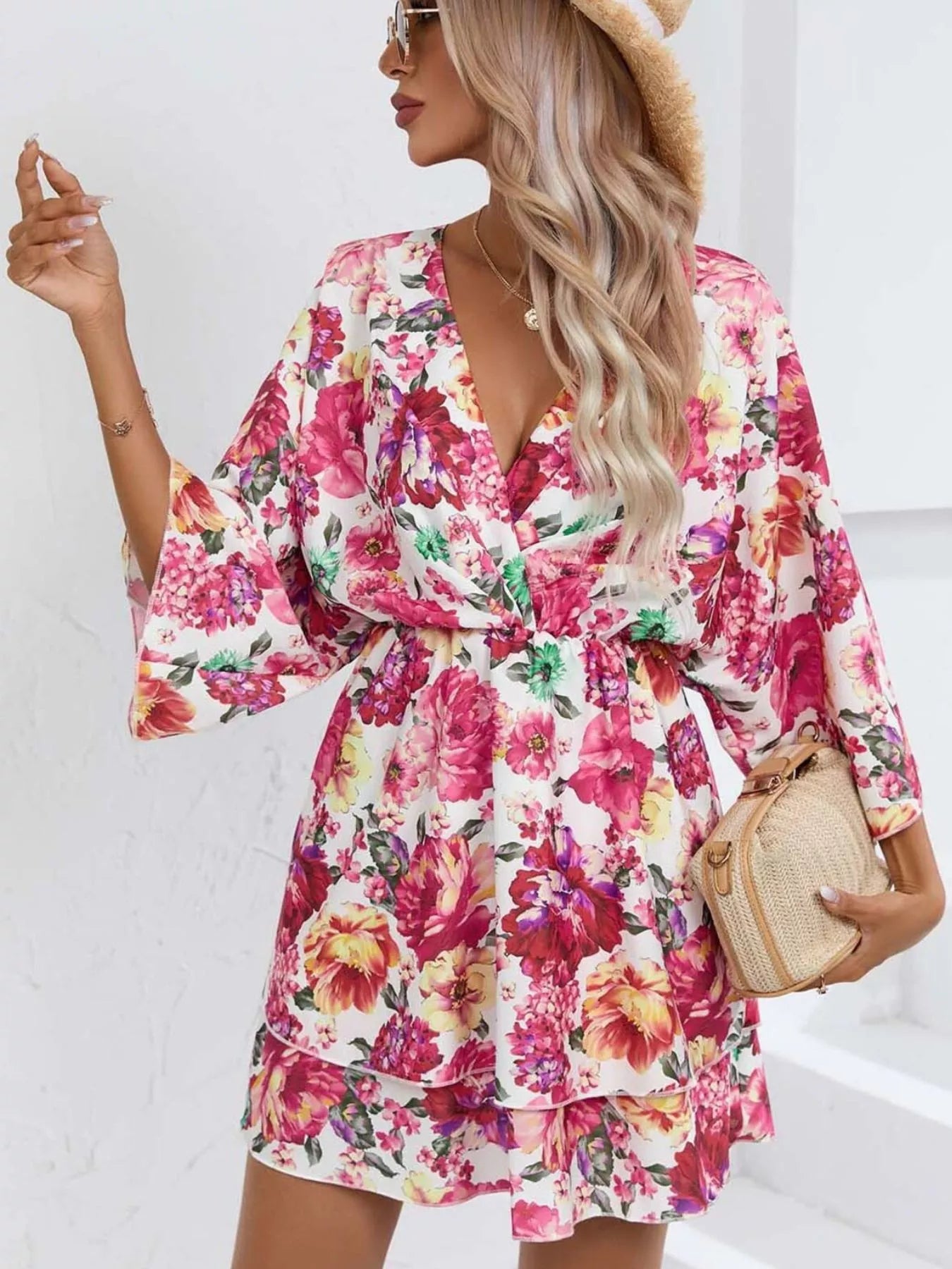 Floral Print Layered Ruffle Hem Mini Dress