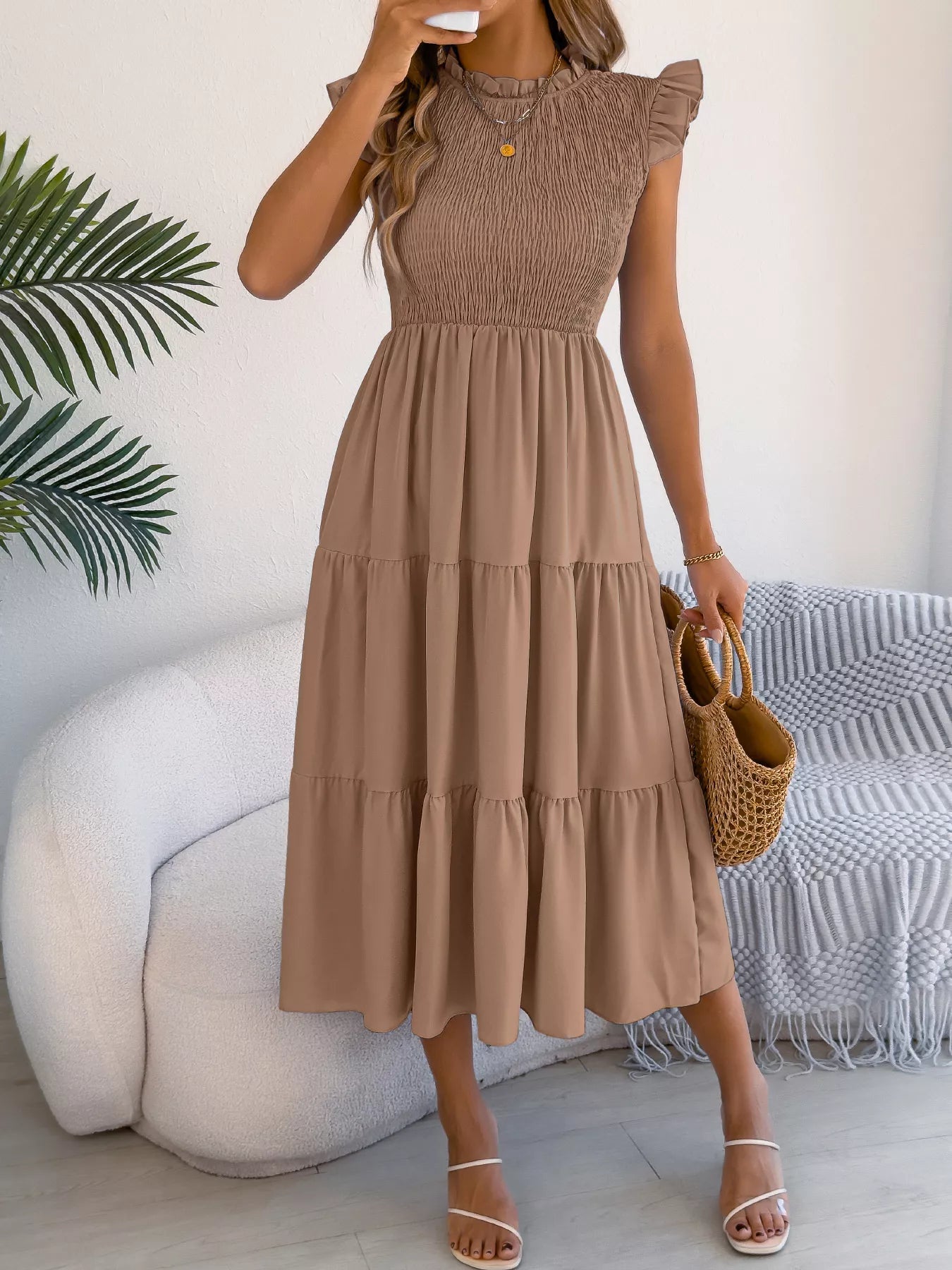 Smocked Ruffled Cap Sleeve Dress