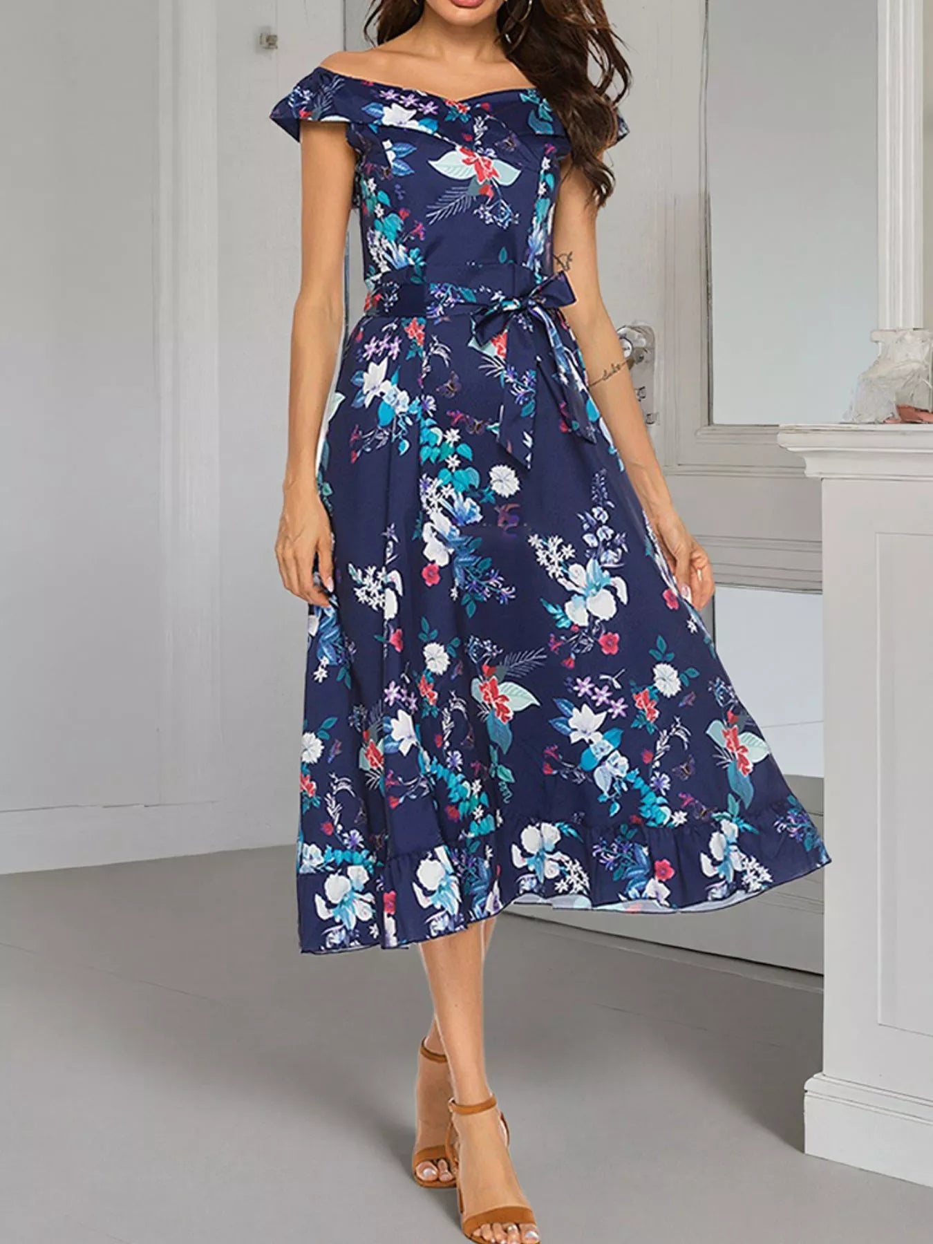 Floral Print Off Shoulder Midi Dress
