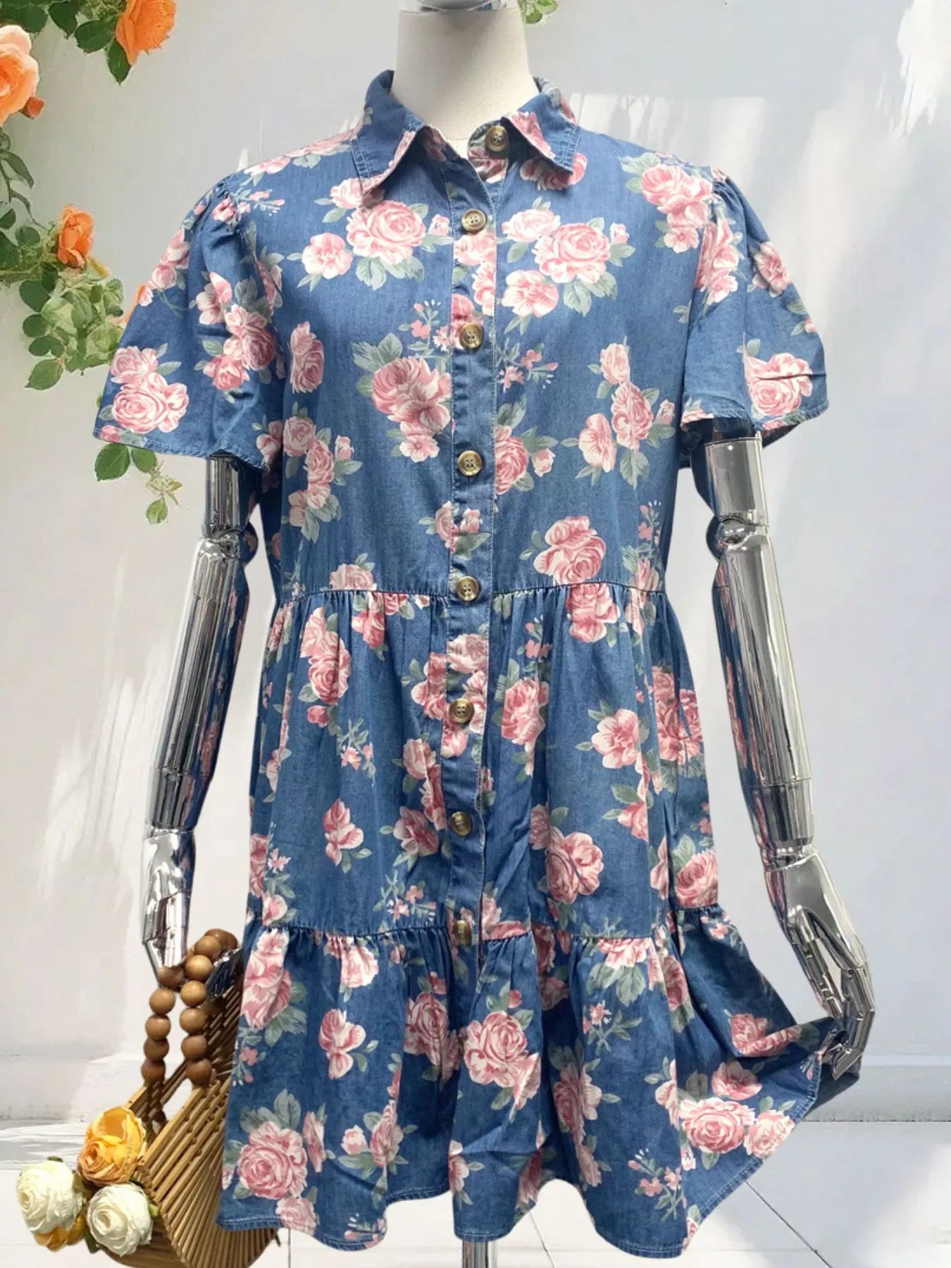 Floral Print Denim Button-Down Tiered Mini Dress