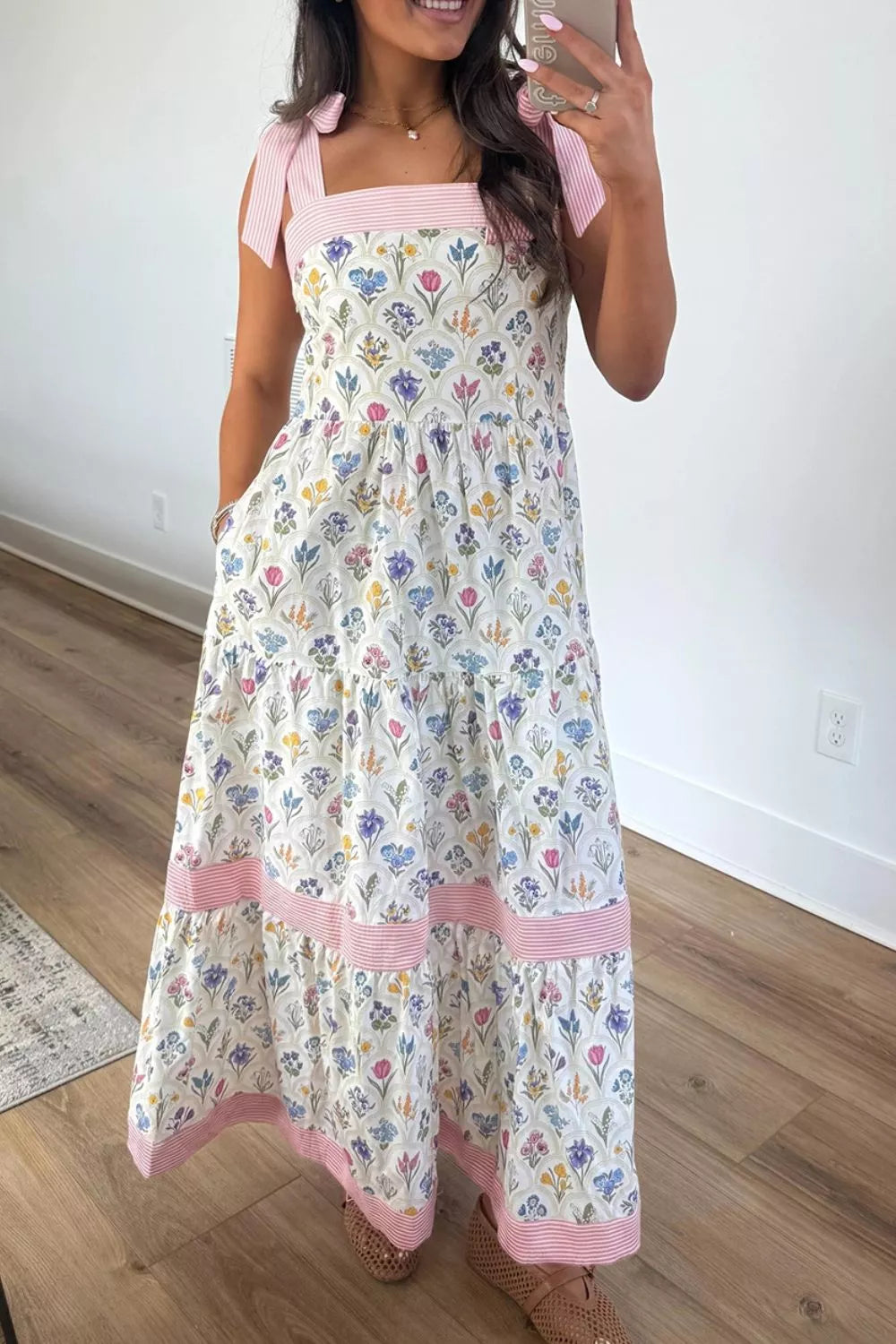 Tiered Floral Tie Shoulder Midi Dress