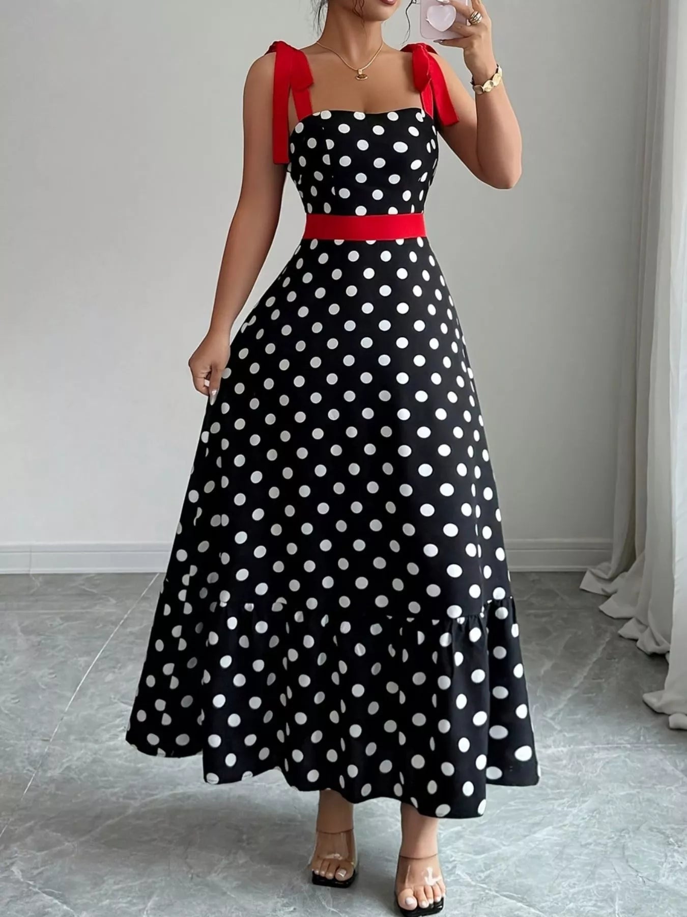 Polka Dot Tie Strap Maxi Dress