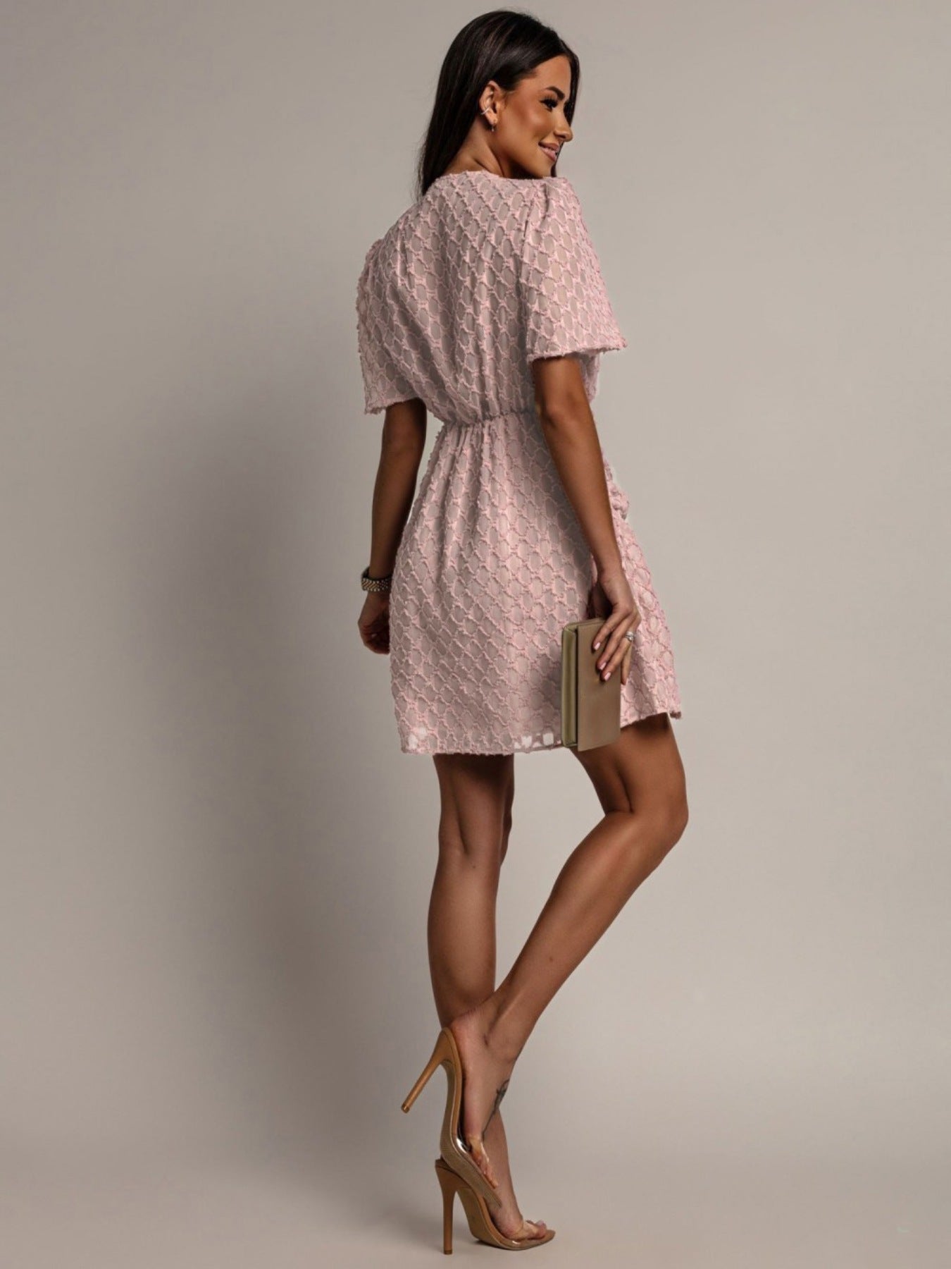 Textured Ruched Surplice Short Sleeve Dress