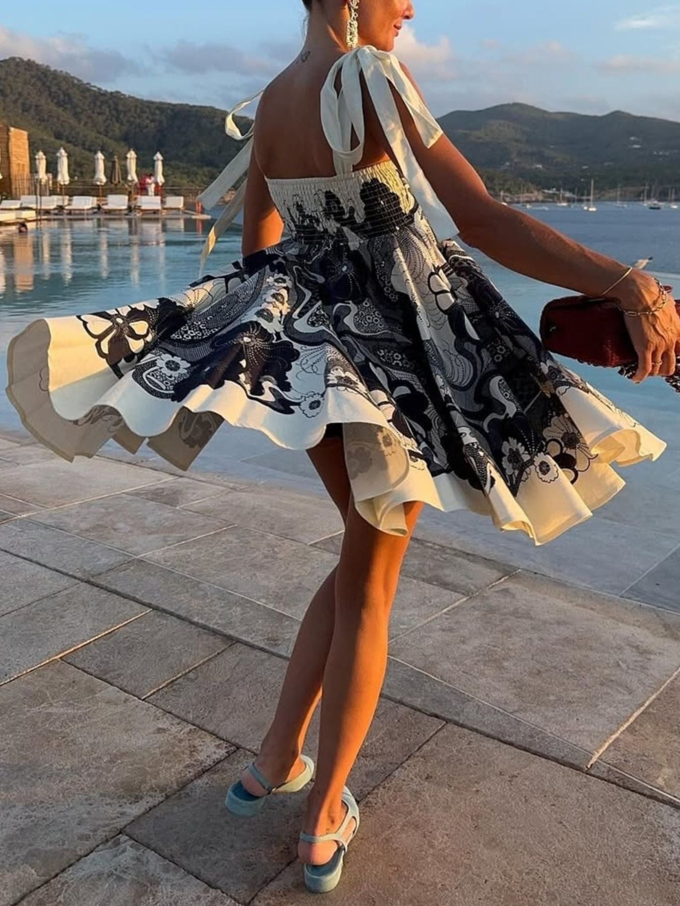 Printed Tie Shoulder Mini Dress