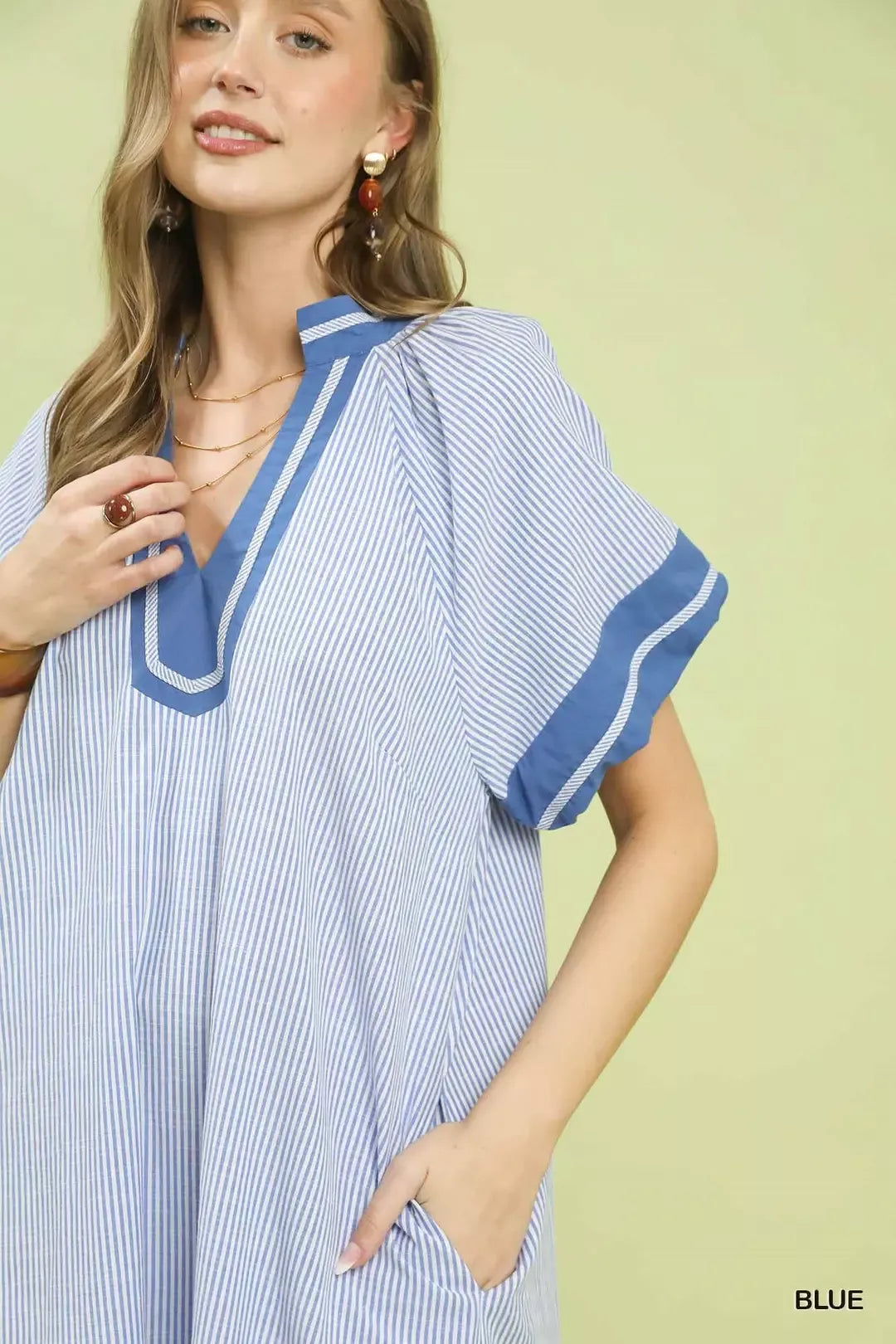 Umgee Pinstripe Contrast Trim Midi Dress