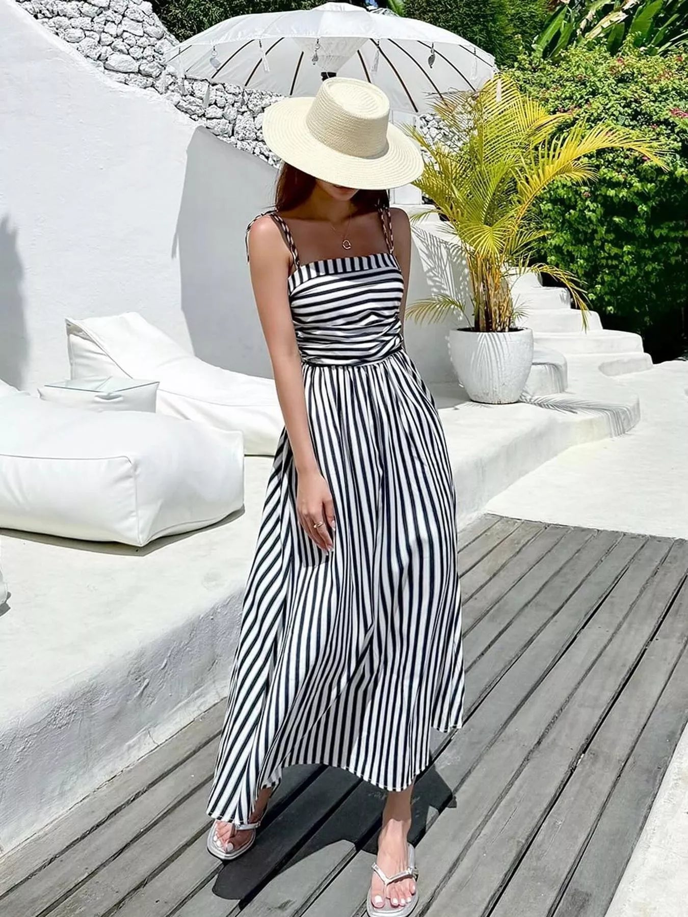 Striped Spaghetti Strap Casual Maxi Dress