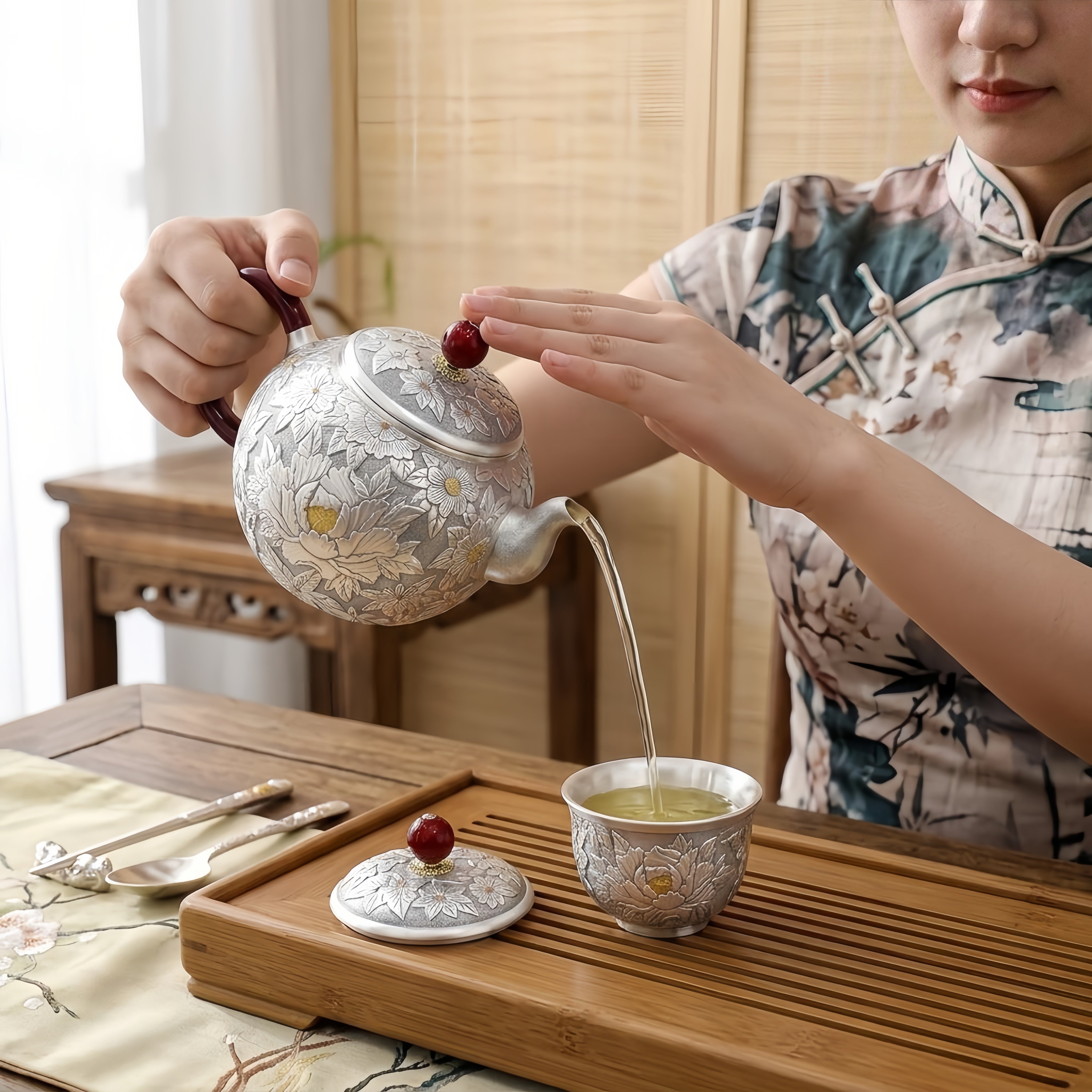 925 Sterling Silver Artisan Handcrafted Silver Teapot with Elegant Peony Engravings and Red Crimson Accents - Handicraft