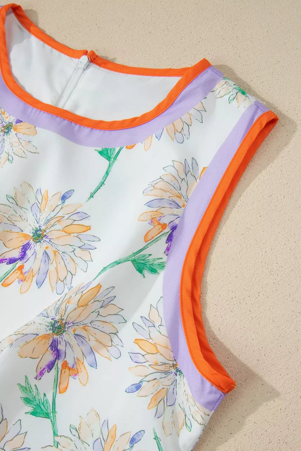 Floral Print Color Block Trim Belted Sleeveless Dress