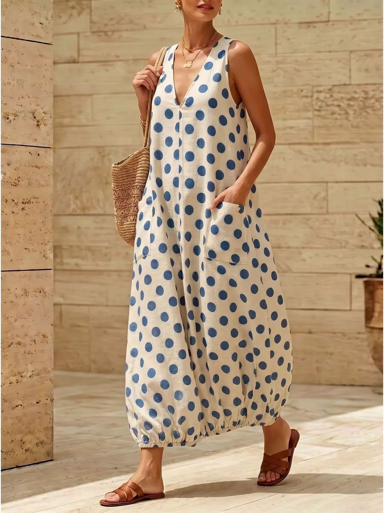 Polka Dot V-Neck Sleeveless Maxi Dress