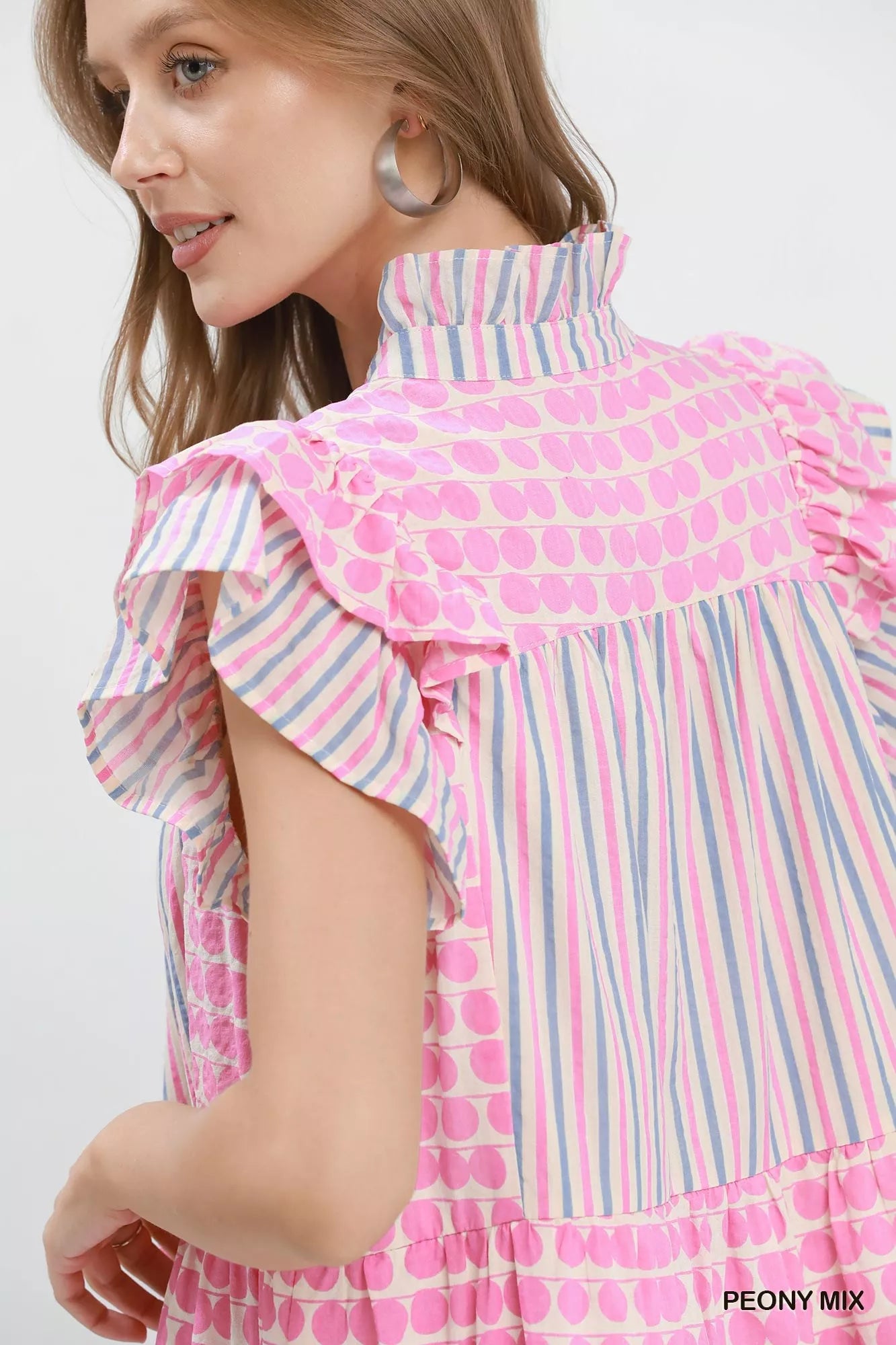 Umgee Mix Patchwork Flutter Sleeve Tiered Dress