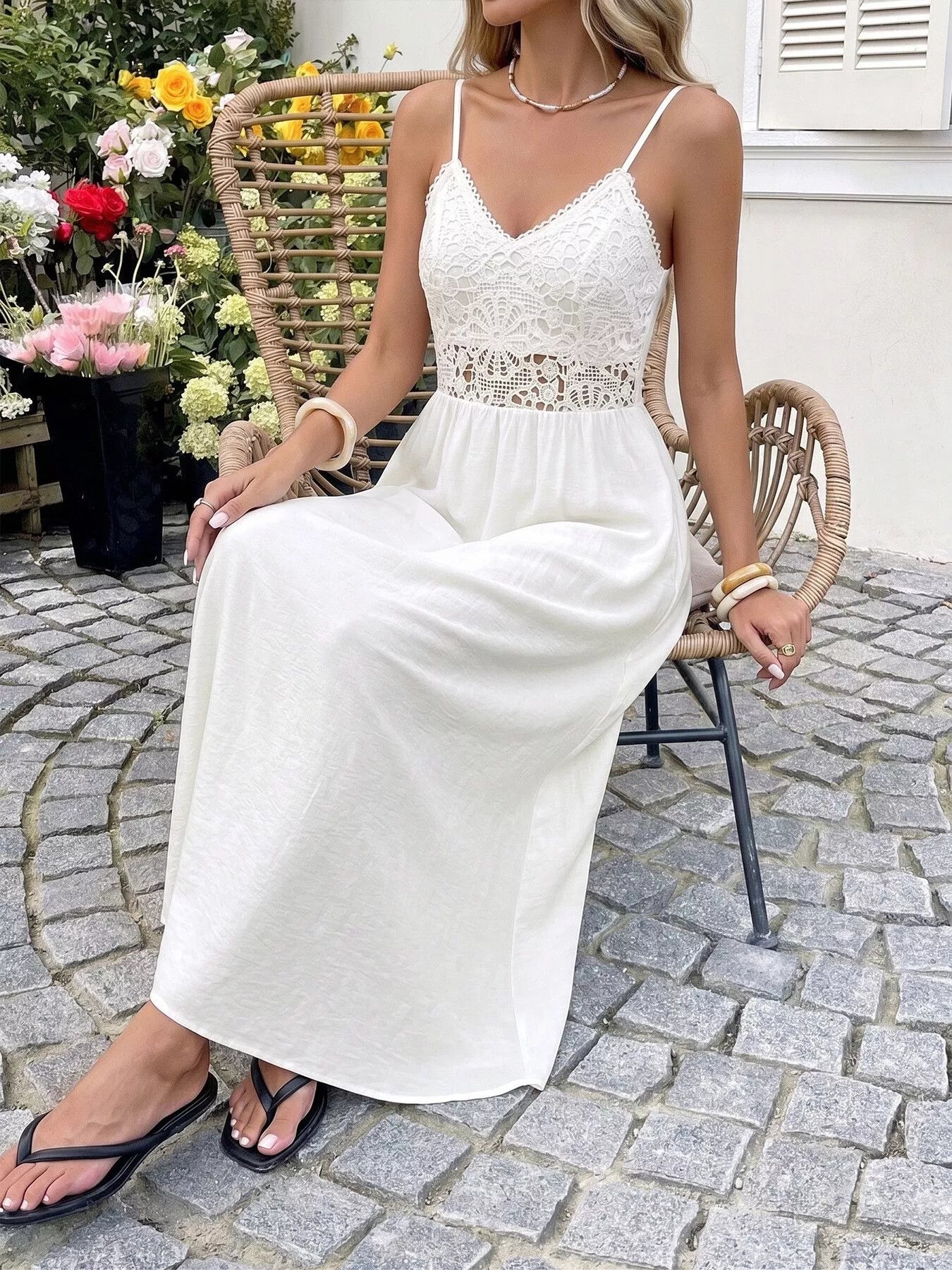 Lace V-Neck Flowy Maxi Dress