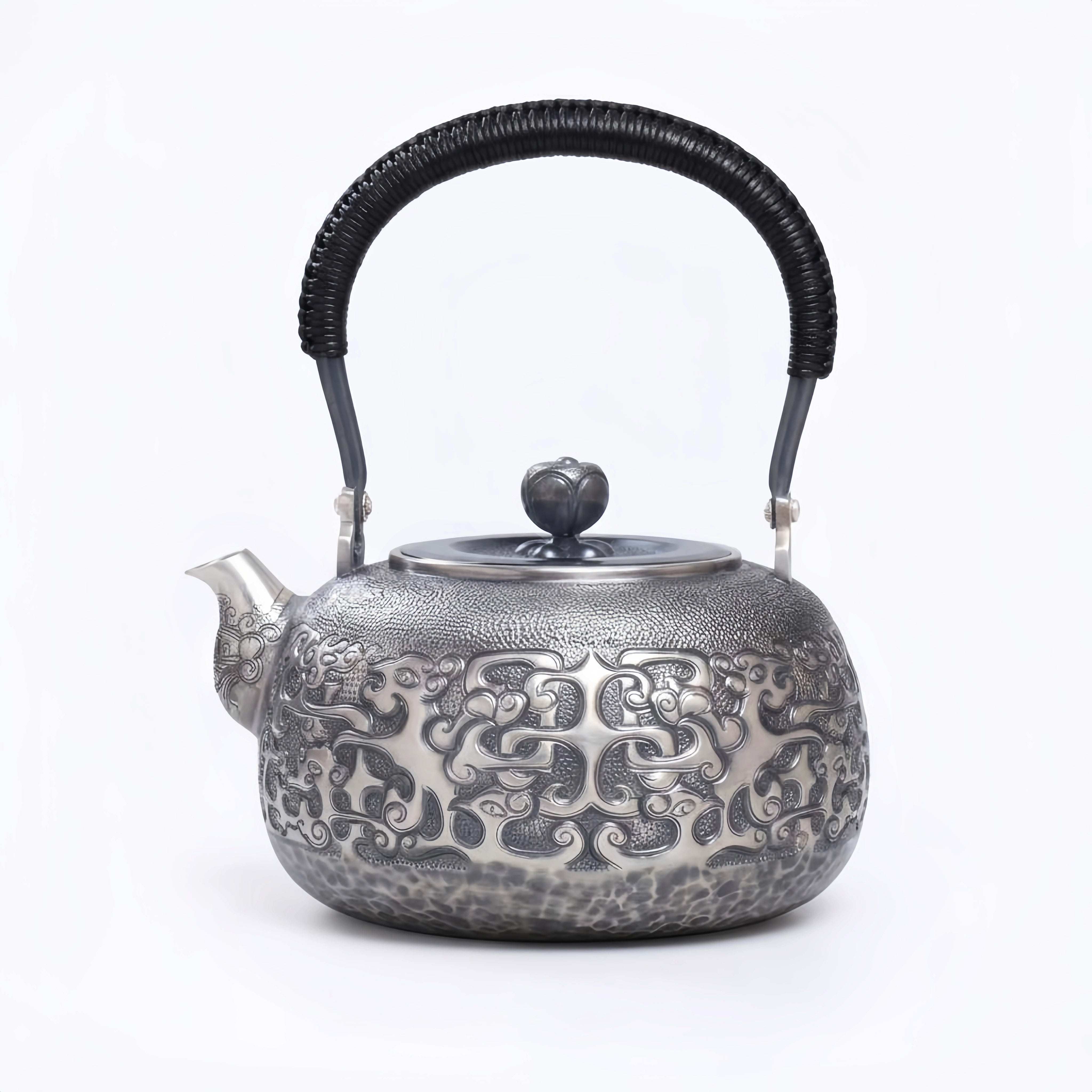 Pure 999 Fine Silver Elegant  Teapot with Intricate Cloud Patterns and Coiled Black Handle-Fine large teapot - Handicraft