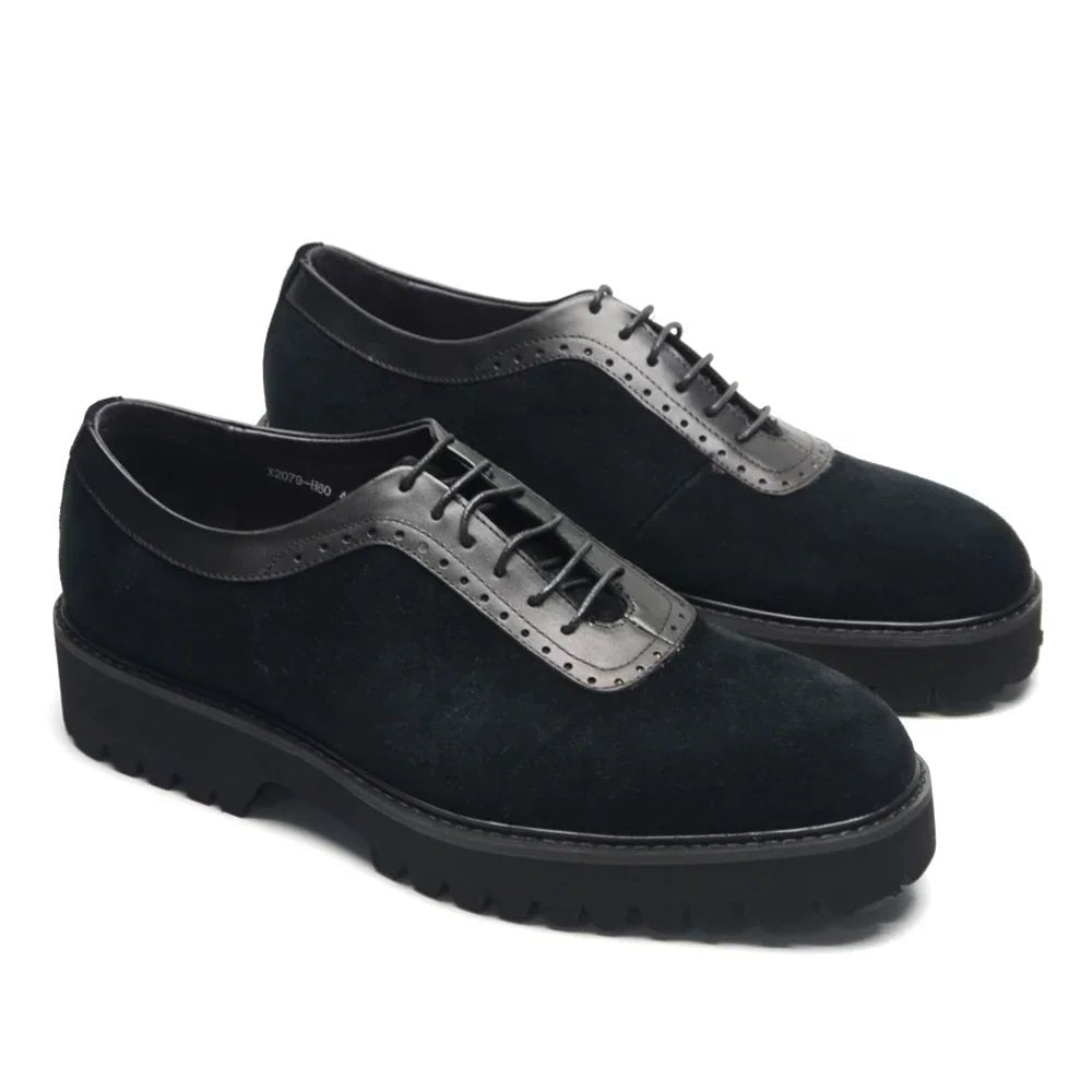 Designer Luxury Platform Oxfords for Men | Cow Suede Genuine Leather Black & Blue Casual Shoe (Height Increasing) - Overture Gifts
