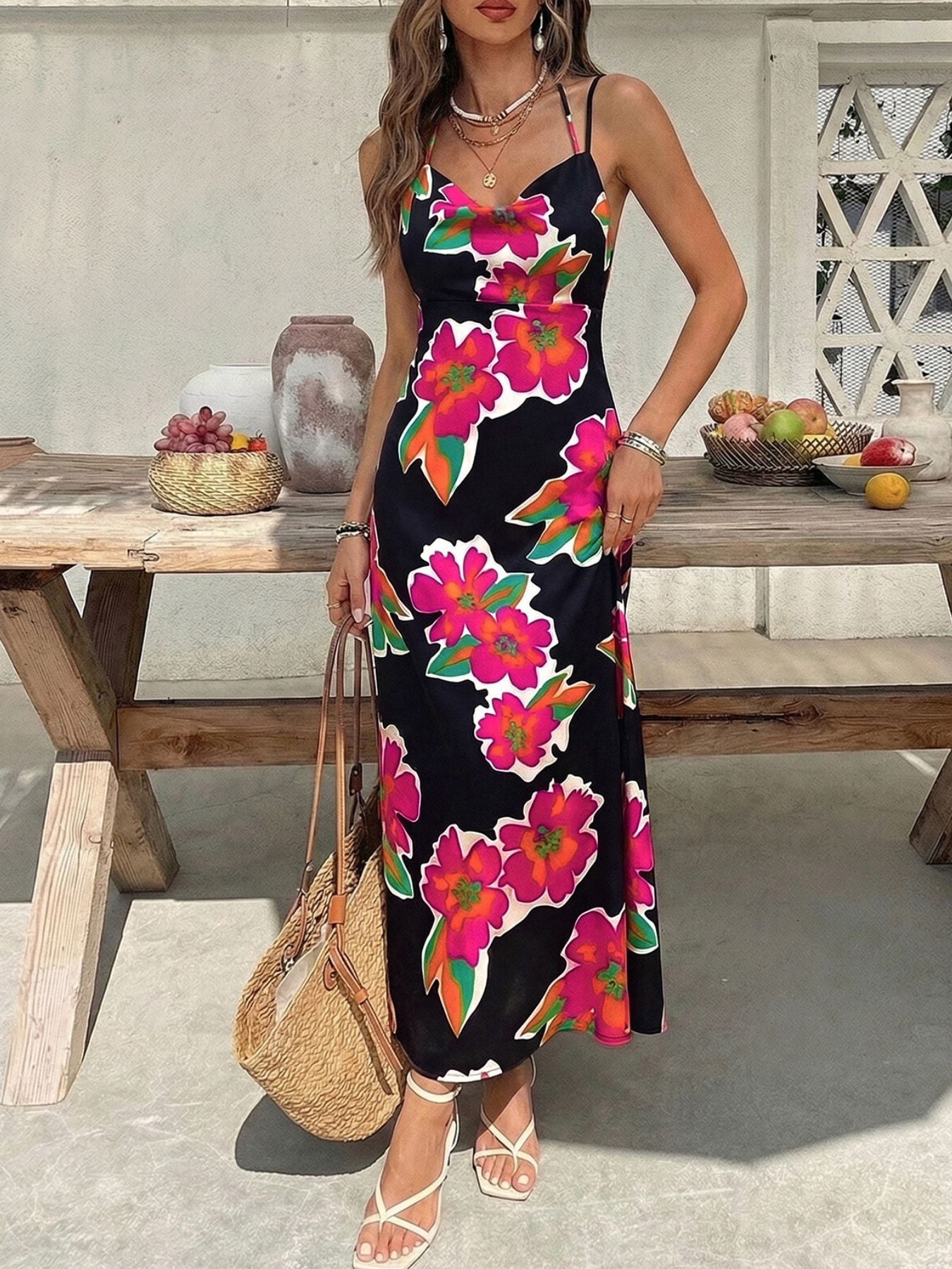 Floral Print Spaghetti Strap Midi Dress