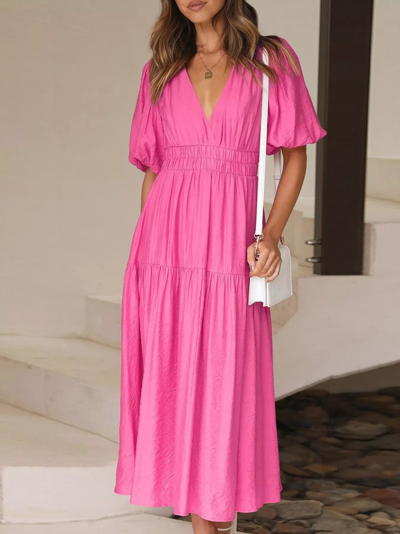 V-Neck Puff Sleeve Midi Dress