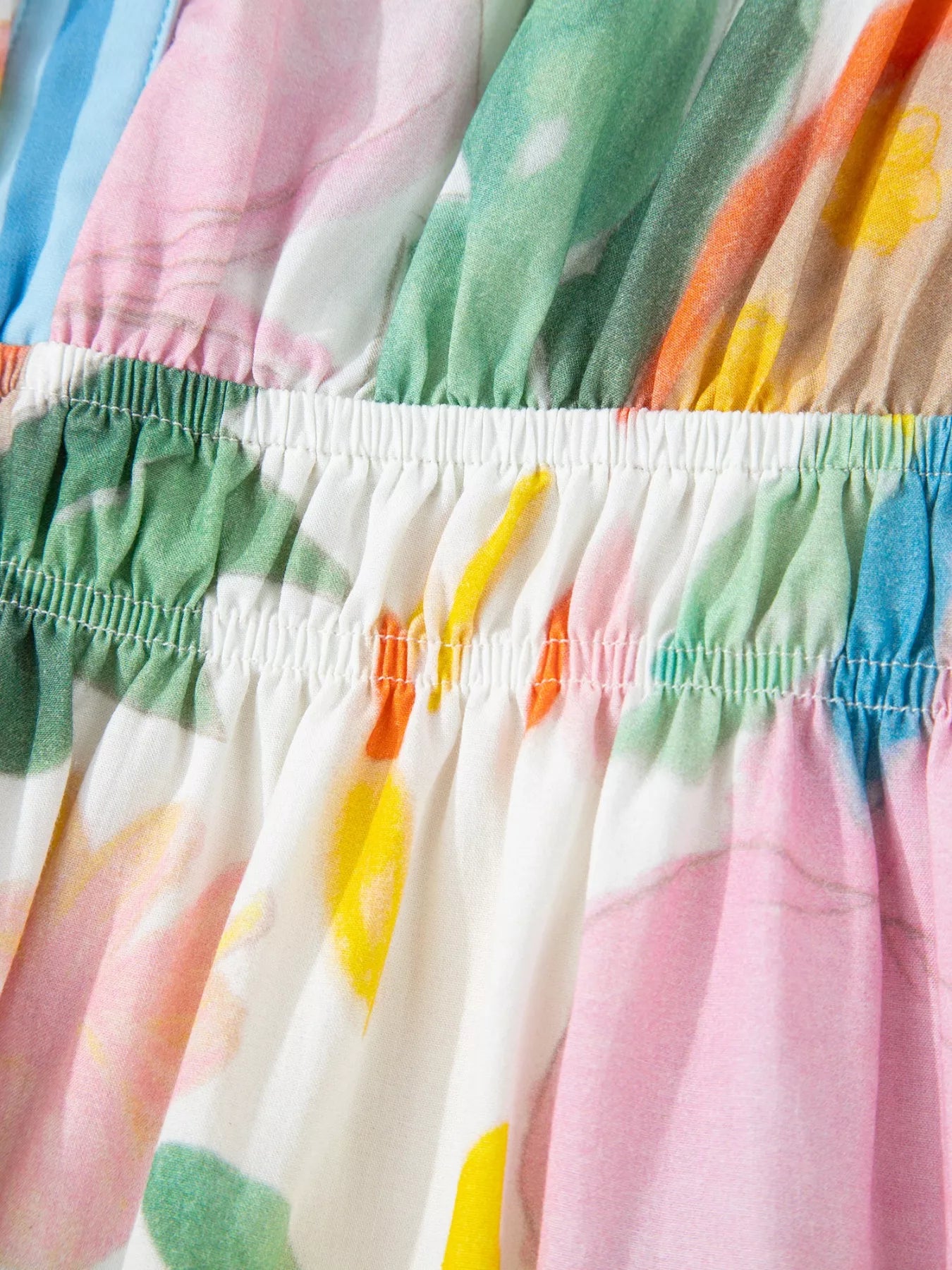 Multicolour Floral Doodle Print Striped Trim V Neck Midi Dress