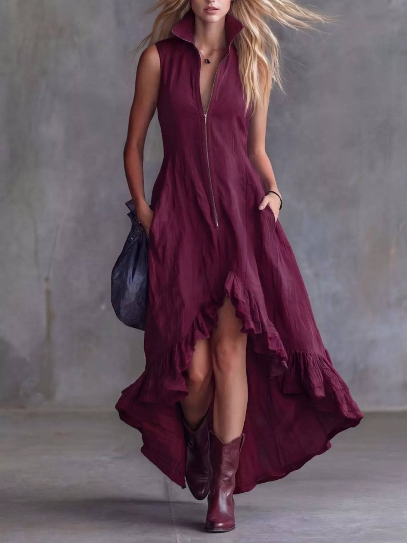 Full Size High-Low Ruffled Zip Front Dress Plus Size