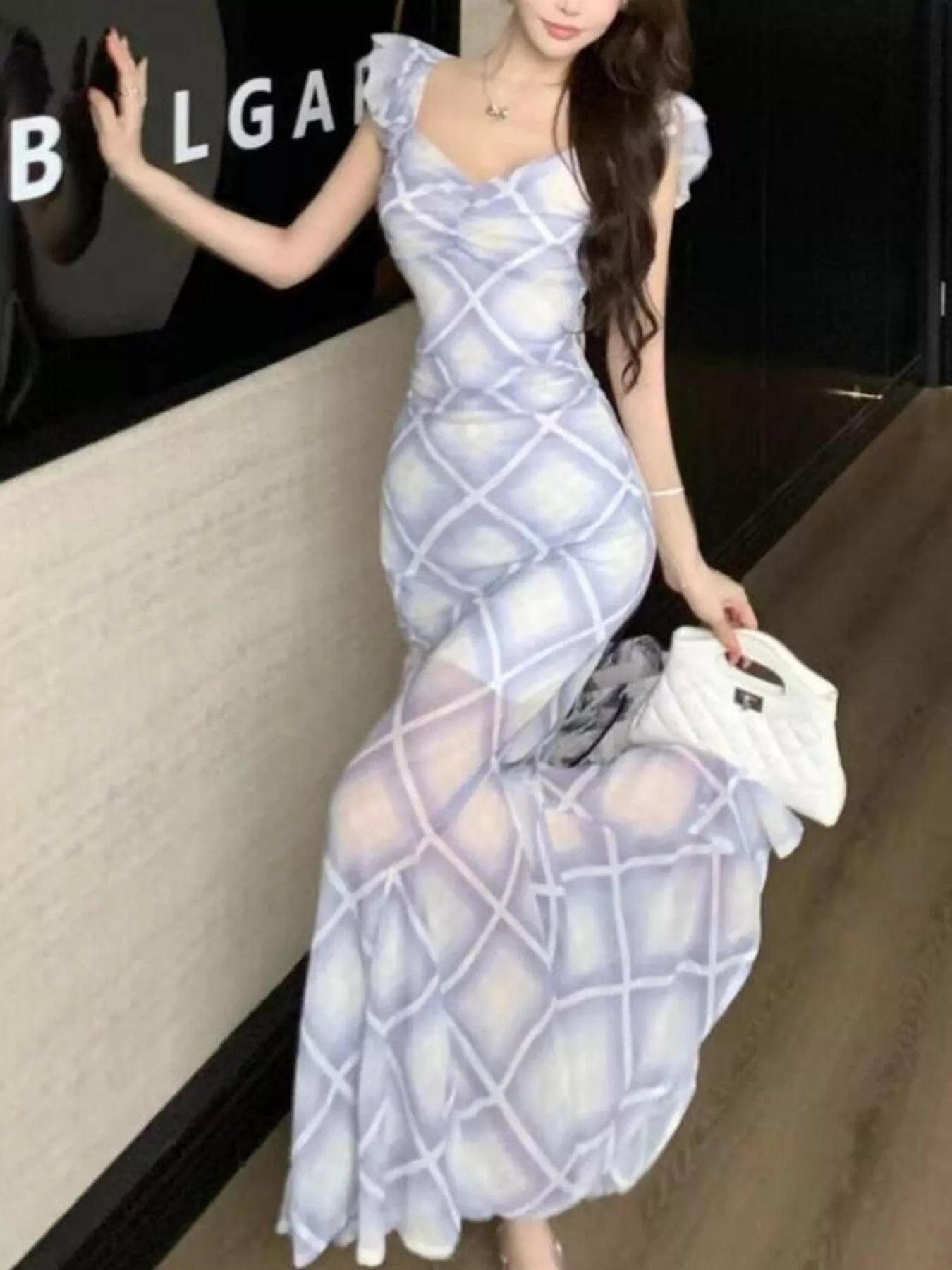 Plaid Ruffle Cap Sleeve Bodycon Maxi Dress