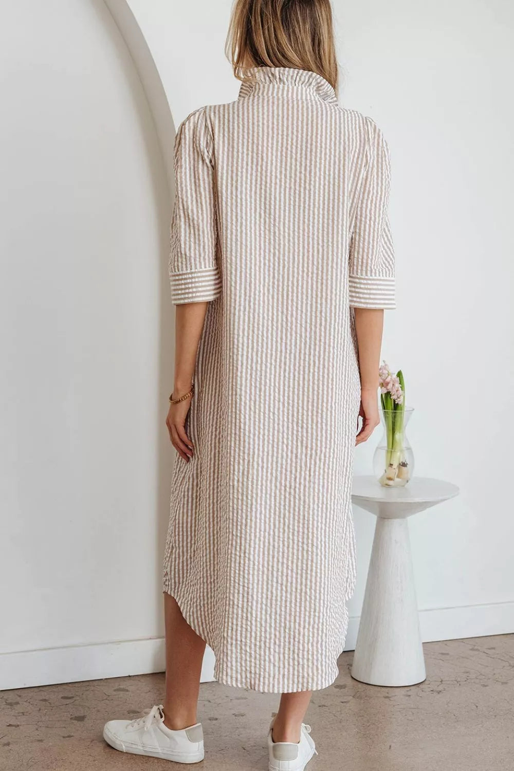 Stripe Frilled Collar Half Sleeve Shirt Dress