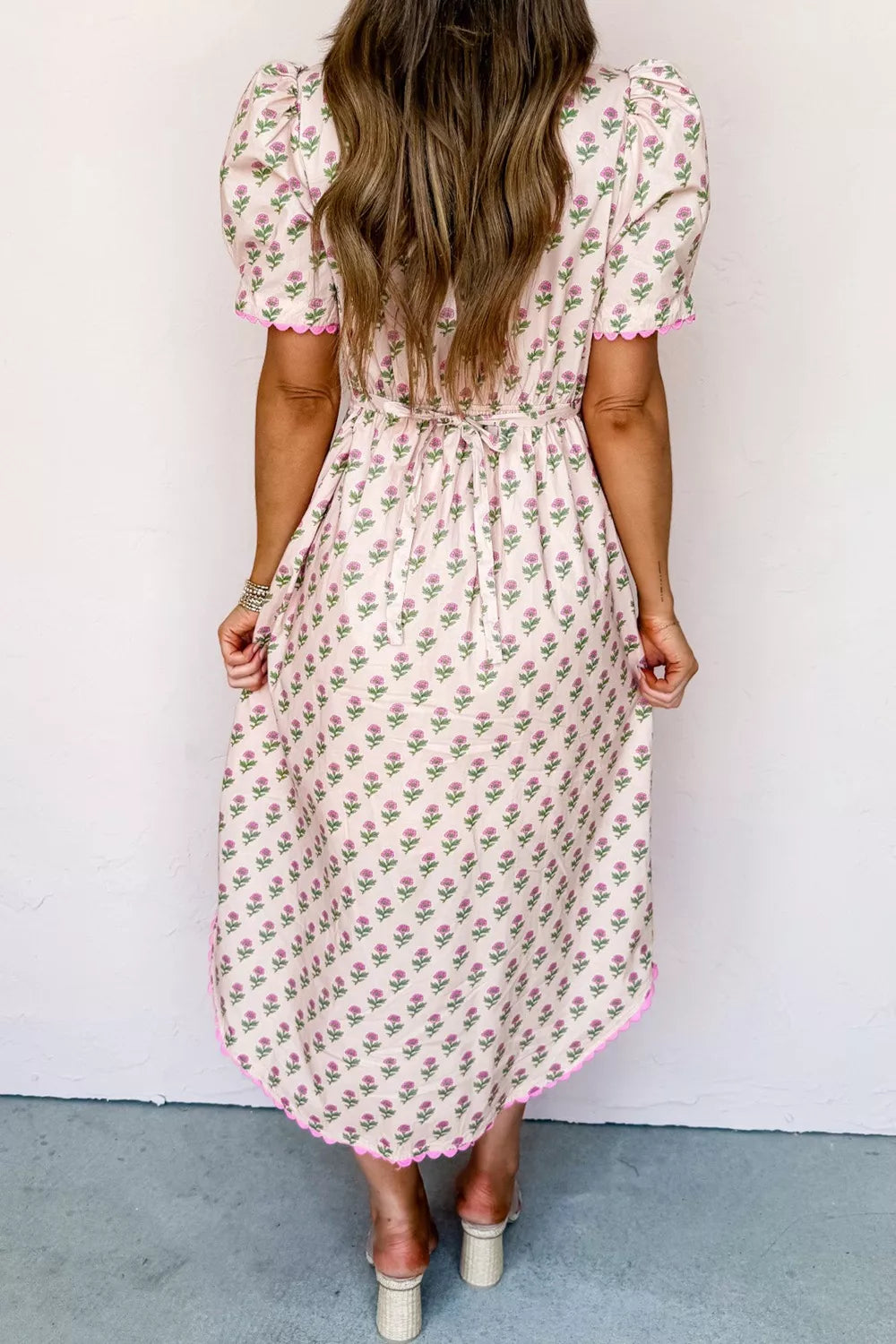 Floral Print V Neck Scallop Trim Button Front Short Sleeve Dress